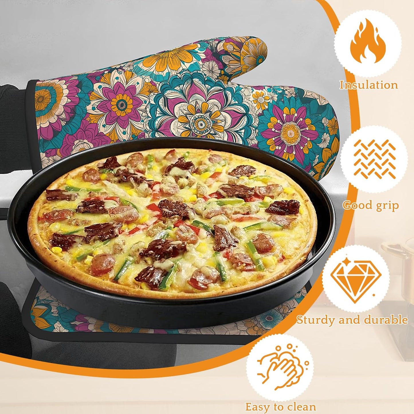 Vintage Mandala Oven Mitts and Pot Holders,Floral Flower Heat Resistant Oven Mitts Gloves and Pot Holder for Home Kitchen Decorations Cooking Baking BBQ Gifts,Set of 4