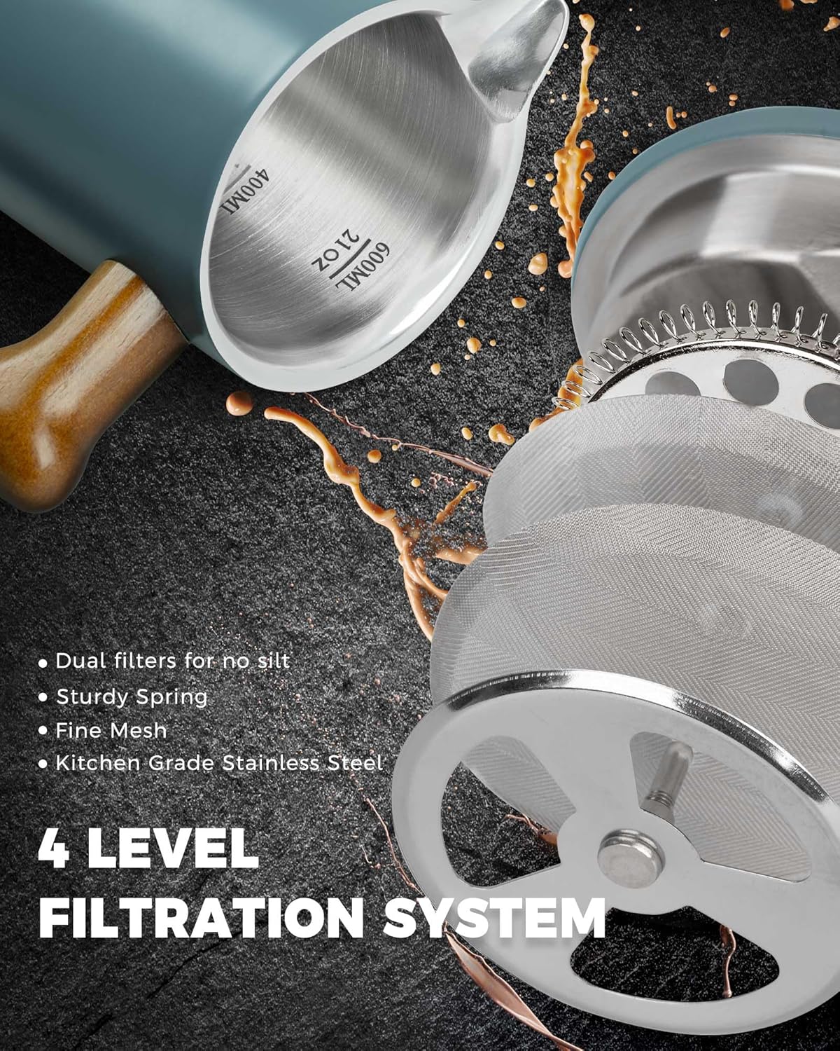 POLIVIAR French Press Coffee Maker, 21 oz Coffee Press with Real Wood Handle, Double Wall Insulation & Dual-Filter Screen, Food Grade Stainless Steel for Good Coffe and Tea, JX2024-SFPU