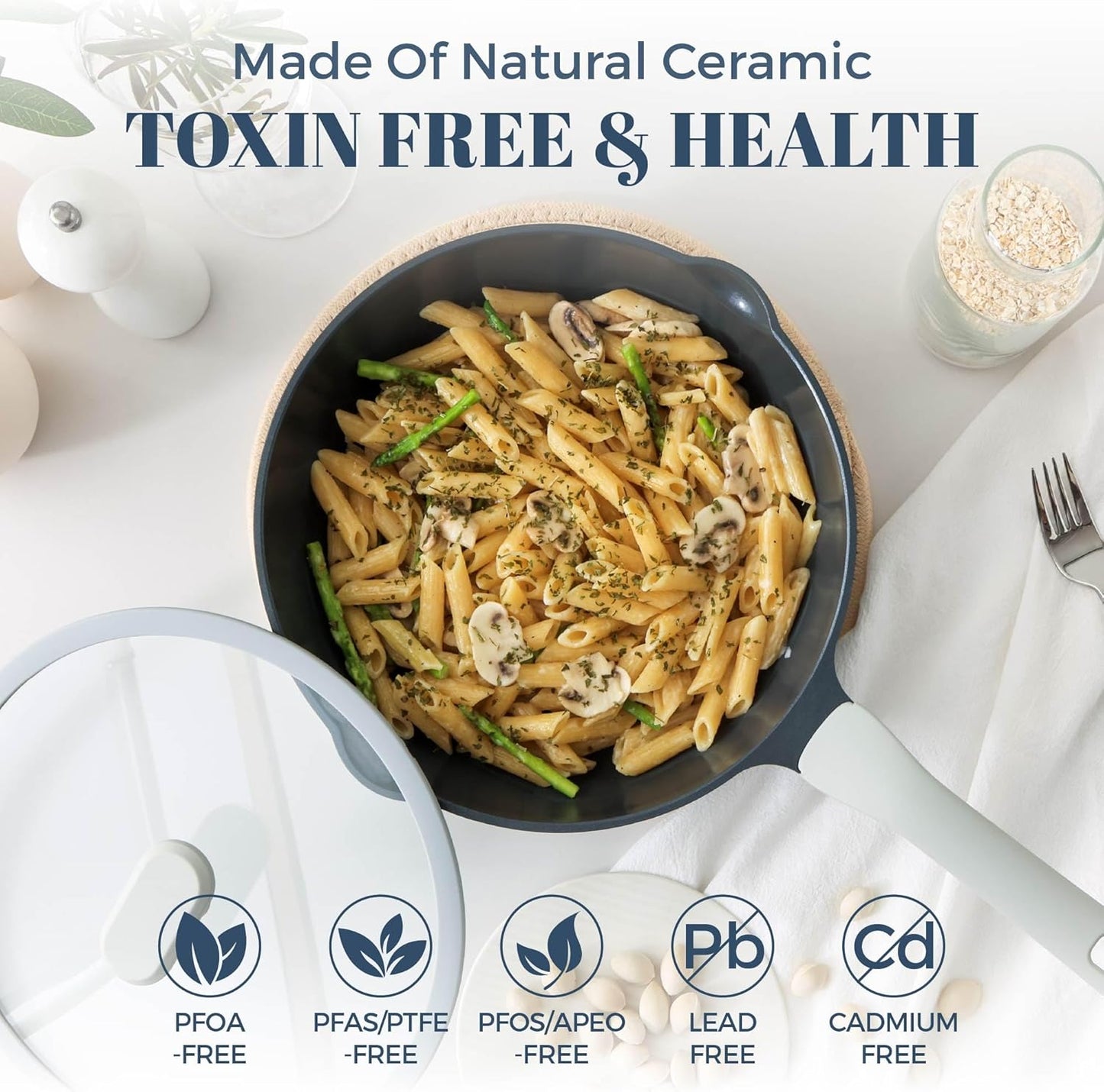 Ceramic Nonstick Deep Saute Pan with Lid, 10 Inch/3.2 QT Non Toxic Pans with Double Pour Spout, Helper Handle and Lid, Metal Utennsil Safe, Dishwasher Safe, (Gray)