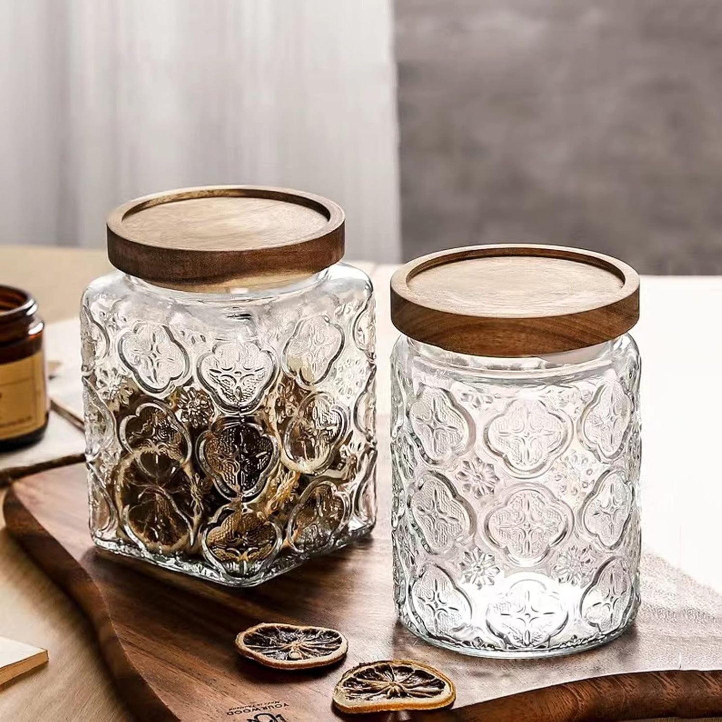 Snminetal Vintage Glass Airtight Storage Jar Set of 2, With Airtight Wood Lid, Kitchen Food Storage Containers,Suitable for storage Tea leaves,Coffee Beans,dried fruits, cereals, etc(Plum pattern)