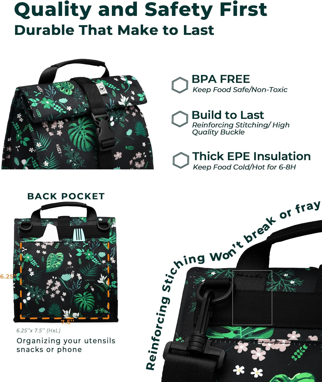 SUNNY BIRD Insulated Lunch Bag Rolltop Lunch Box Tote Bag for Women, Men, Adults and Teens (Floral & Foliage)