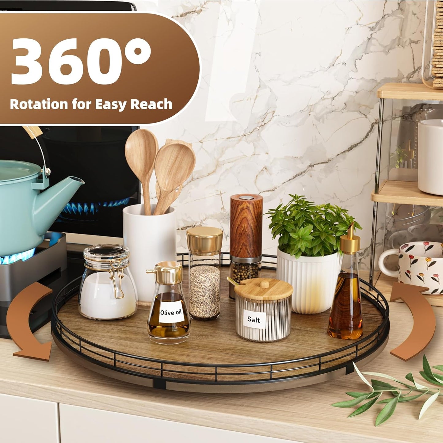 Acacia Wood 18" Lazy Susan Turntable Organizer for Table Top, Farmhouse Large Round Lazy Susan for Cabinet Kitchen Centerpieces Dining Table, for Condiments Charcuterie, Bathroom Vanity Tray Decor