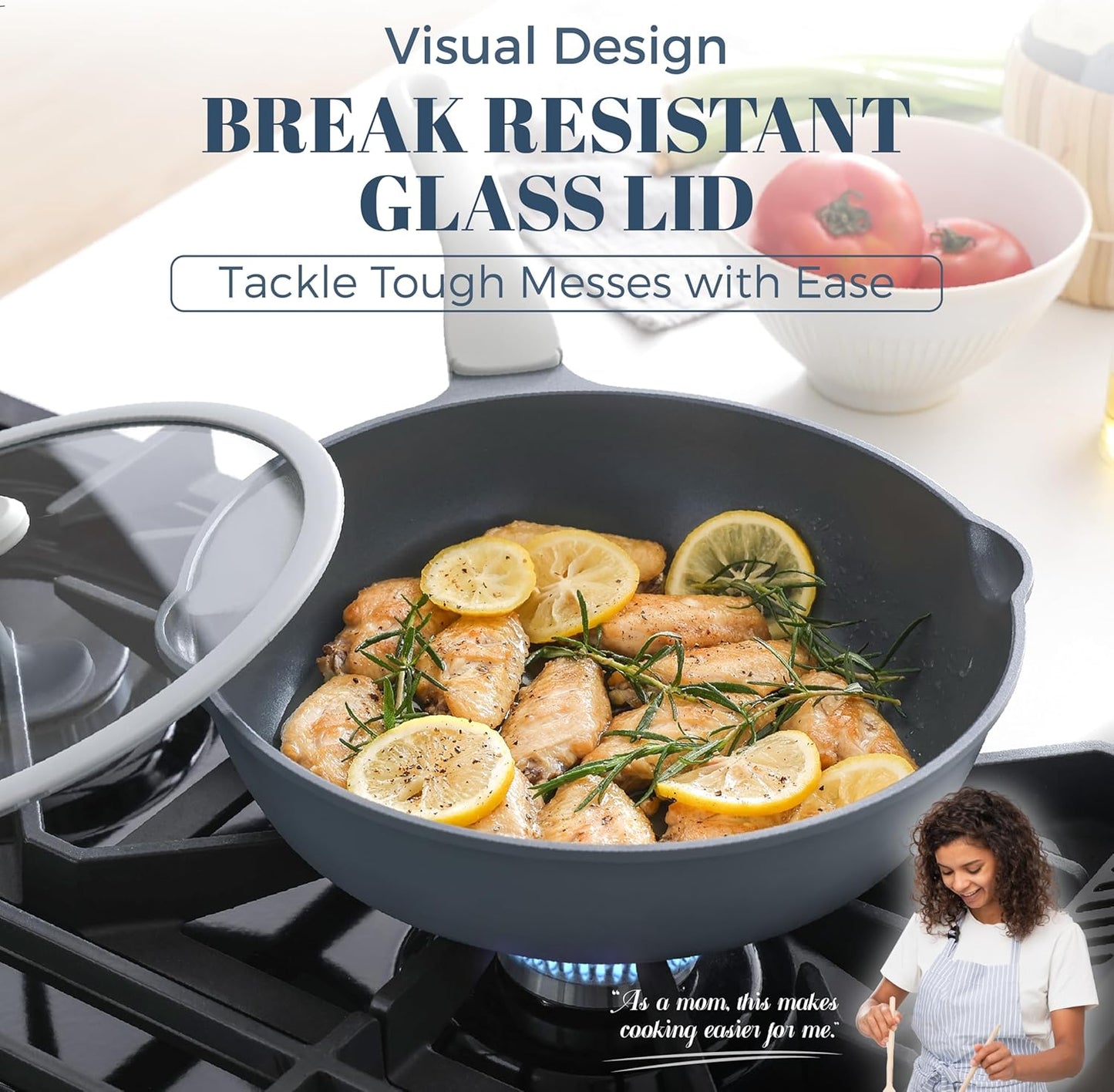 Ceramic Nonstick Deep Saute Pan with Lid, 10 Inch/3.2 QT Non Toxic Pans with Double Pour Spout, Helper Handle and Lid, Metal Utennsil Safe, Dishwasher Safe, (Gray)