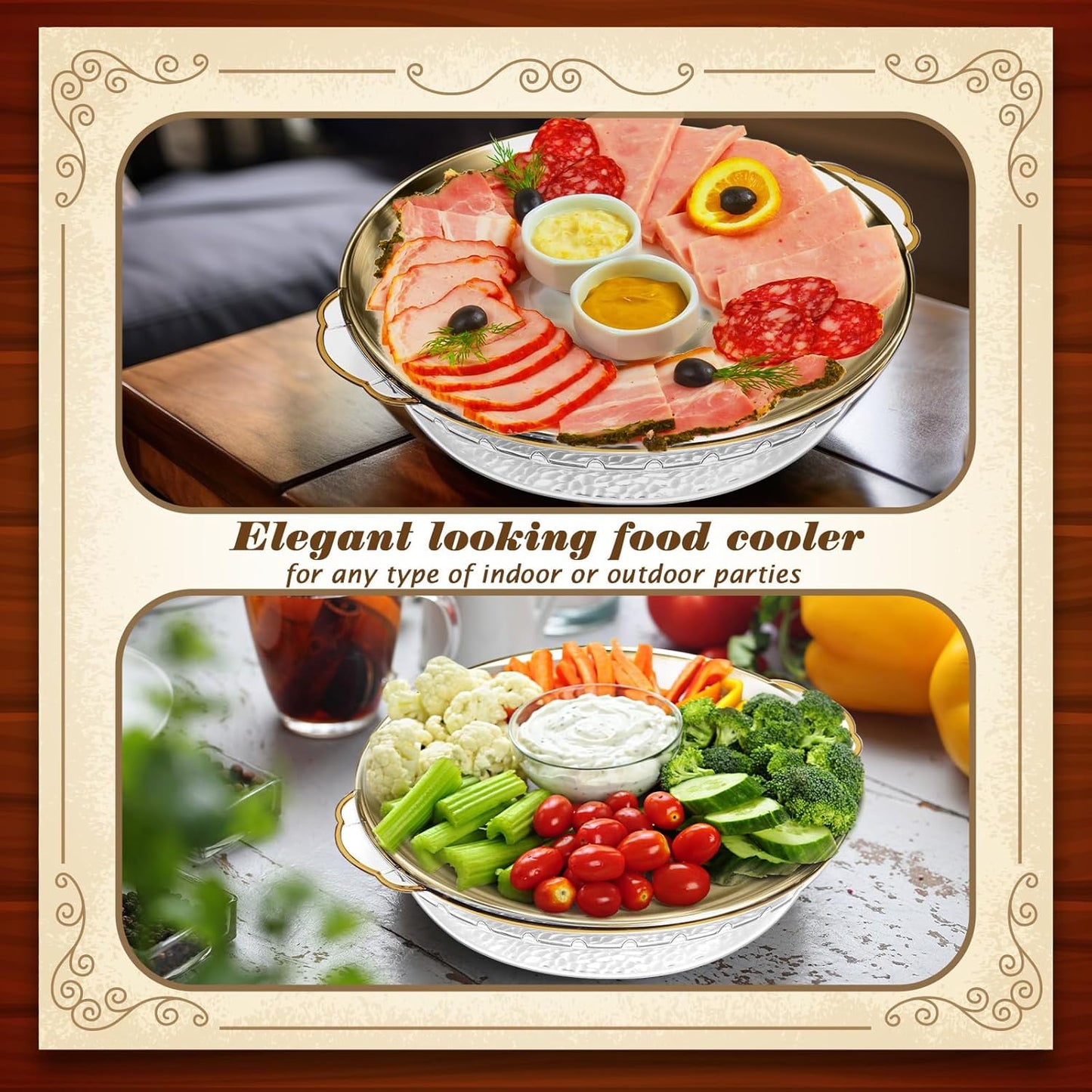 Baderke 9 Set 11.8" Chilled Serving Tray for Parties with Compartments Ice Chilled Party Platter Charcuterie Serving Board Cold Dish Dip for Fruit Seafood Vegetable Shrimp Cocktail (Gold)