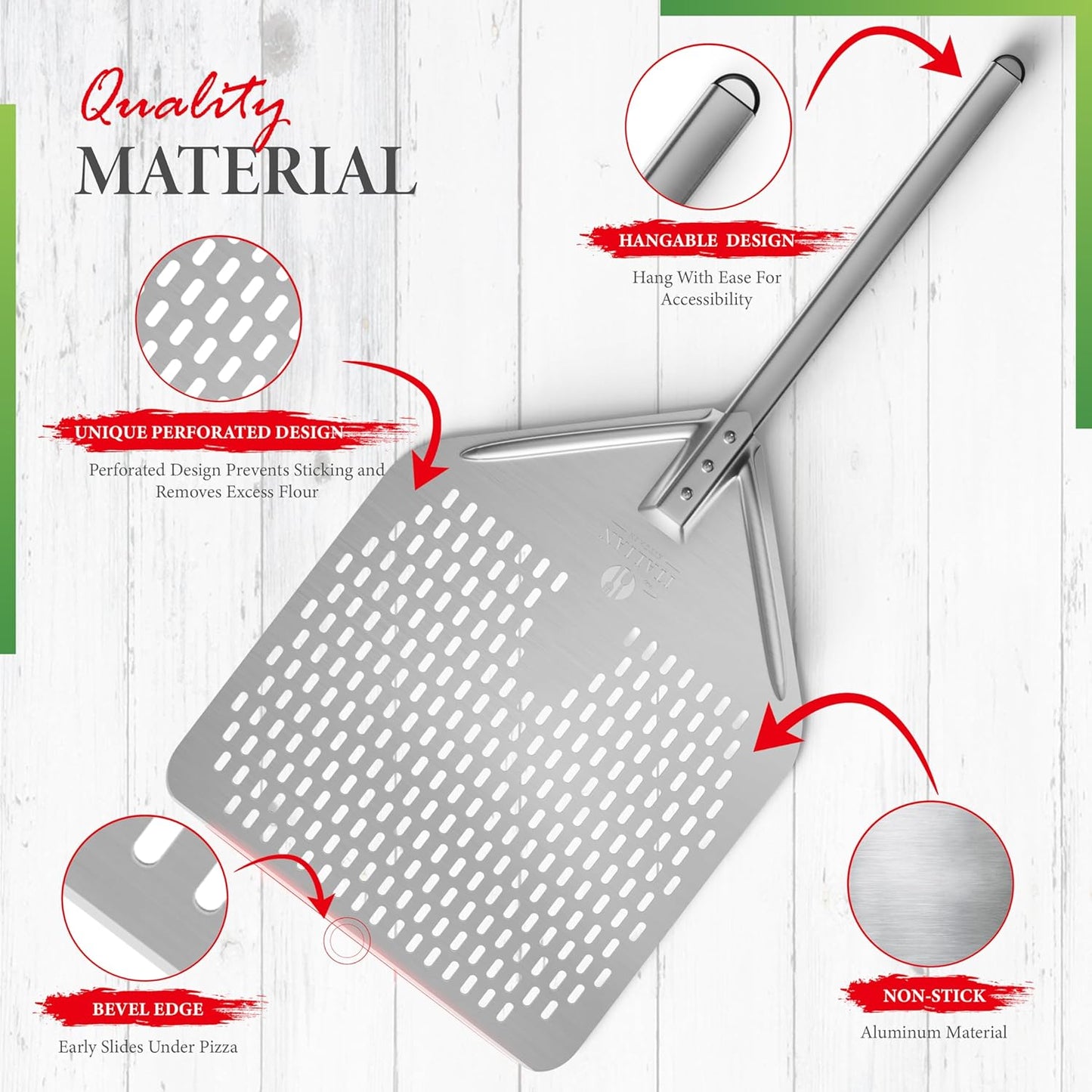 Perforated Pizza Peel 13"W x 16.7"L - Professional Restaurant Grade Large Metal Pizza Peel - 27.3" Long Handle Aluminum Turning Peel - Commercial Pizza Paddle