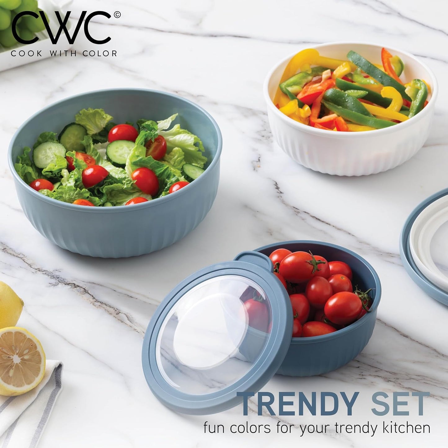 COOK WITH COLOR Prep Bowls with Lids- Wide and Deep Nesting Plastic Small Mixing Bowl Set with Lids, 8 Piece Set - Wide Bowls, Blue/Grey