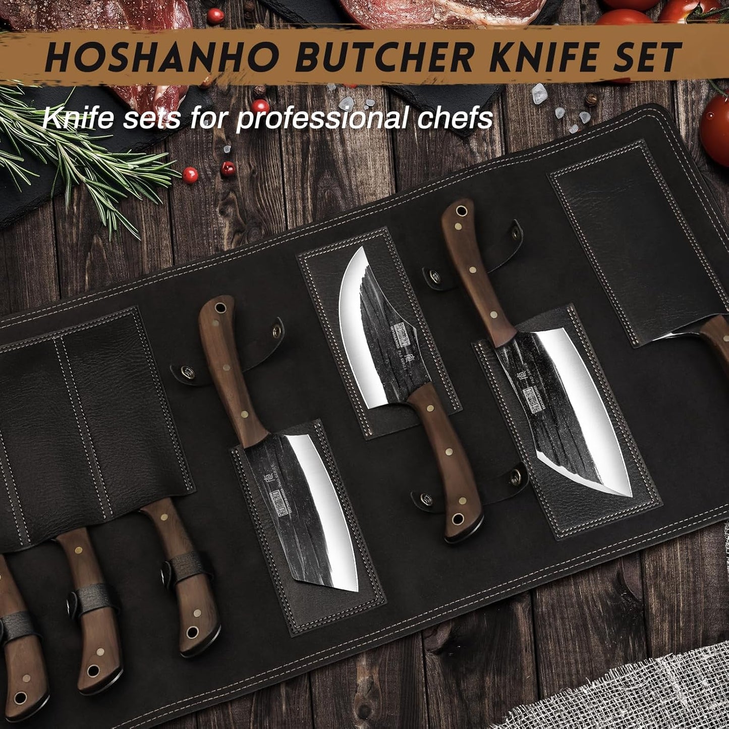 HOSHANHO Butcher Knife Set, Hand Forged Butcher Chef Knife Set with Roll Bag, Sharp Meat Cleaver Knife & Bone Chopper Knives & Fillet Knives for Home & Camping & BBQ Gift for Men