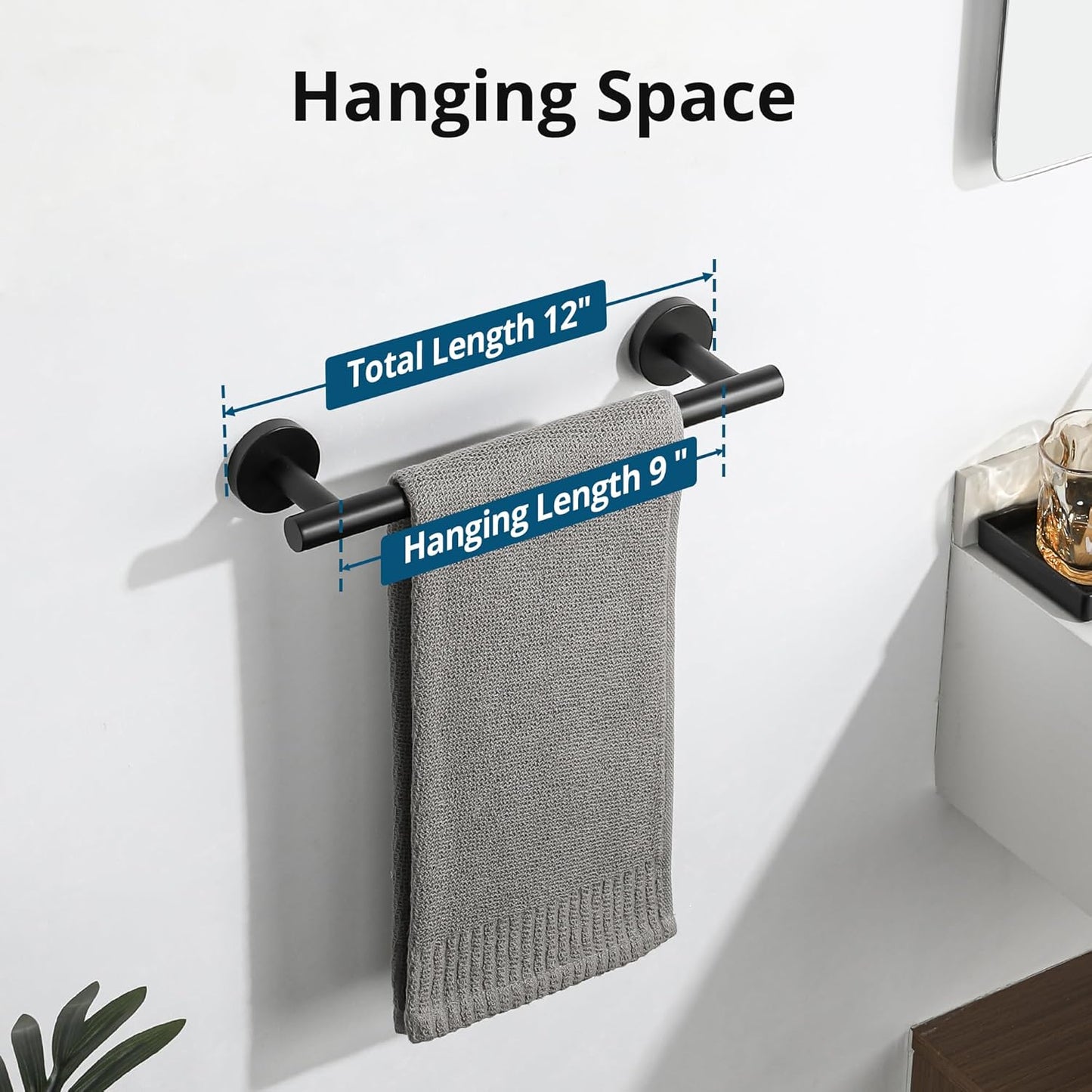 Sayayo Matte Black Hand Towel Holder for Bathroom, 12 Inch Towel Bar Towel Rack for Kitchen, Towel Ring Towel Rod Wall Mount SUS304 Stainless Steel (Hanging Length 9-Inch)