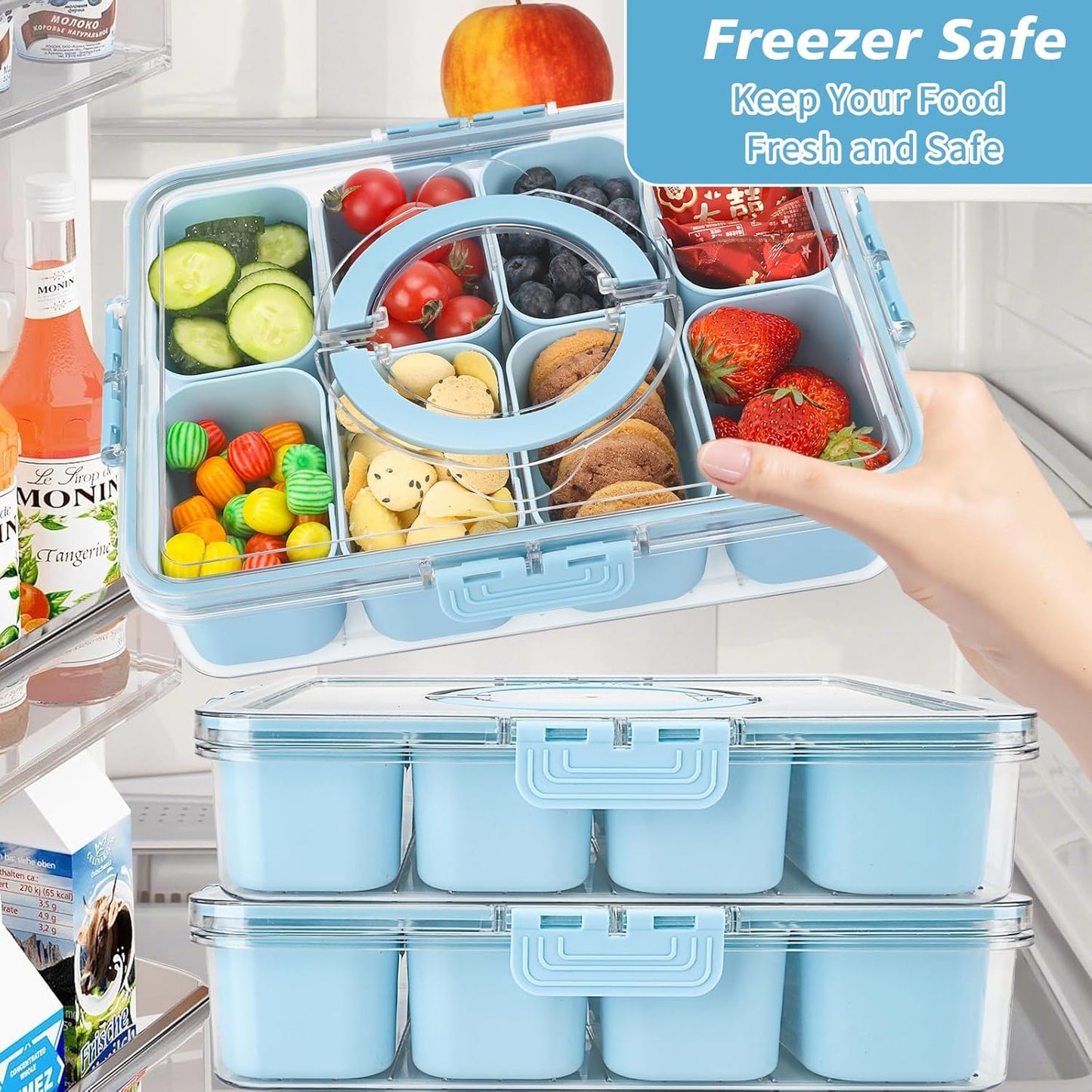 shopwithgreen 2Pcs Snackle Box Container, Divided Serving Tray with Lid and Handle, Snack Box Container Food Platter Charcuterie for Party, Veggies, Snack, Fruit, Nuts, Entertaining, Picnic,Blue