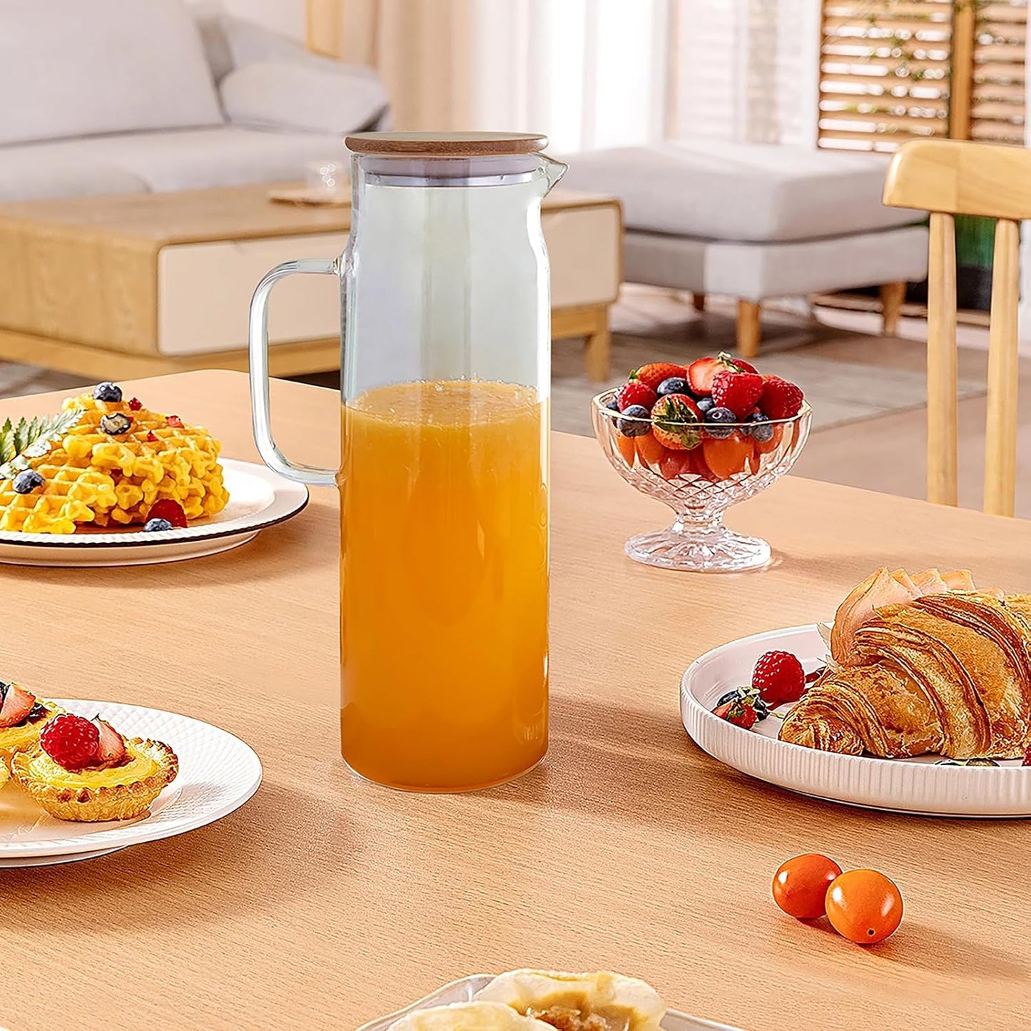 50oz Glass Pitcher with Lid, Glass Water Carafe with Handle, Fridge Water Jug Cold or Hot Beverages, Iced Tea, Milk, Juice (set of 3)