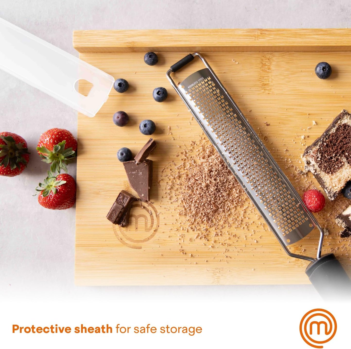 MasterChef Zester Grater with Handle, Kitchen Tool for Zesting Citrus Fruits & Finely Grating Parmesan Cheese, Garlic, Ginger, Coconut, Nutmeg, Wasabi, Chocolate etc, Stainless Steel