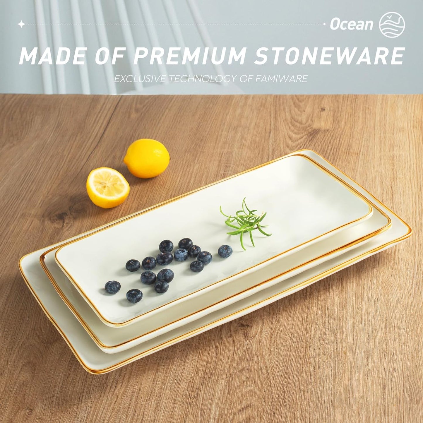 famiware Serving Platter, Rectangular 15.67/14.1/12.6inch Serving Dishes for Entertaining, Microwave Dishwasher Safe, Stoneware Serving Trays for Party, Turkey, Cheese, Ocean Series, Vanilla White