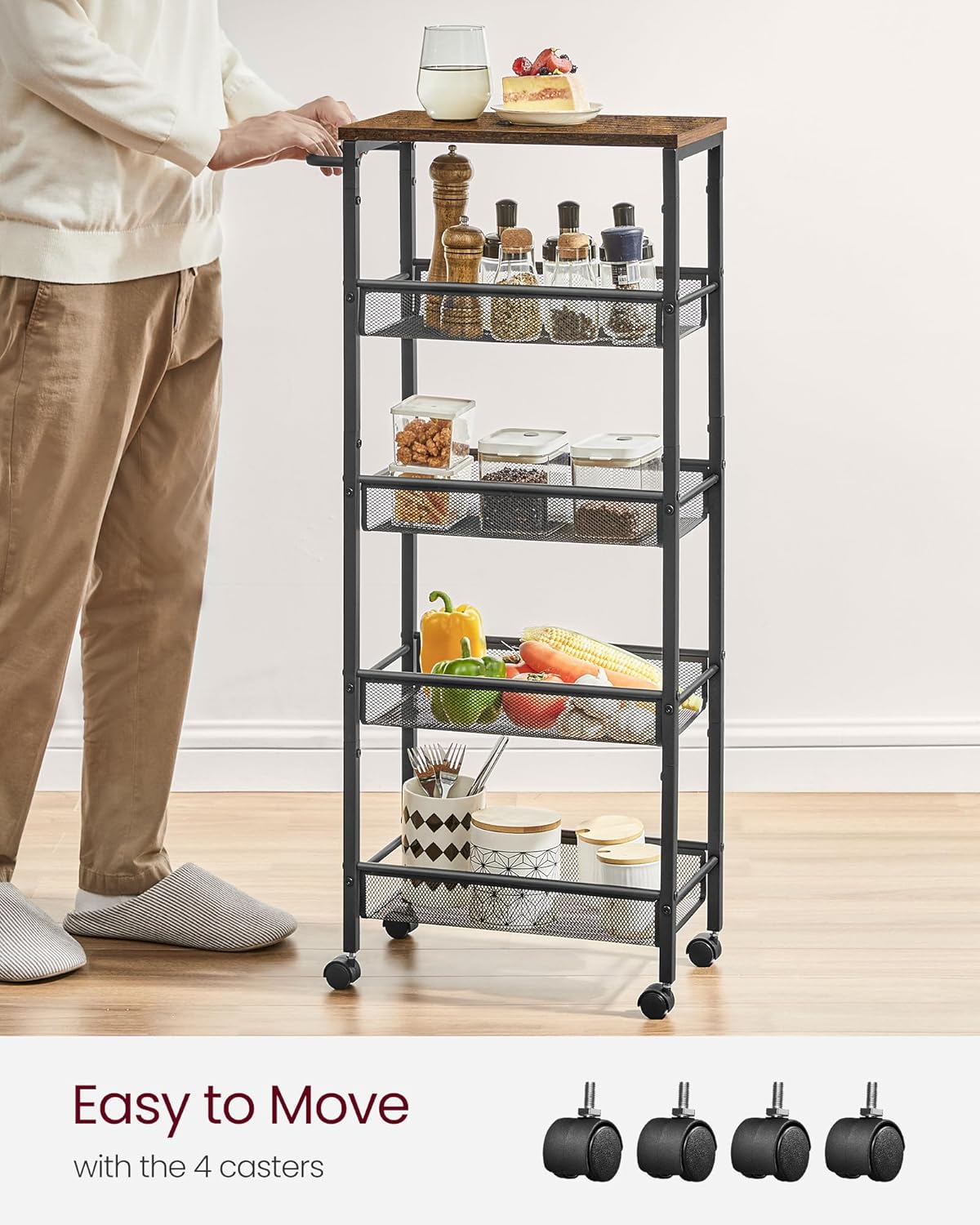 VASAGLE Slim Rolling Cart, 5-Tier Storage Cart, Narrow Cart with Handle, 8.7 Inches Deep, Metal Frame, for Kitchen, Dining Room, Living Room, Home Office, Rustic Brown and Classic Black ULRC035B01