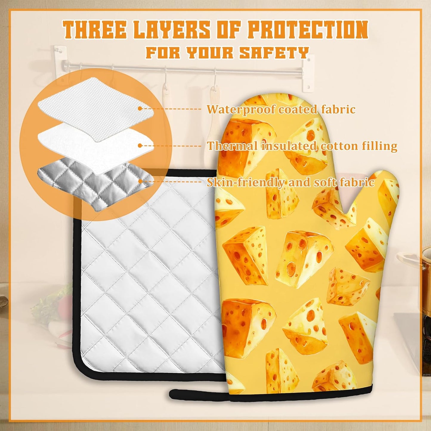 Cute Cheese Oven Mitts and Pot Holders Set,Kitchen Oven Gloves and Pot Holder with Heat Resistant Non Slip for Cooking Baking Grilling(4 Piece Set)