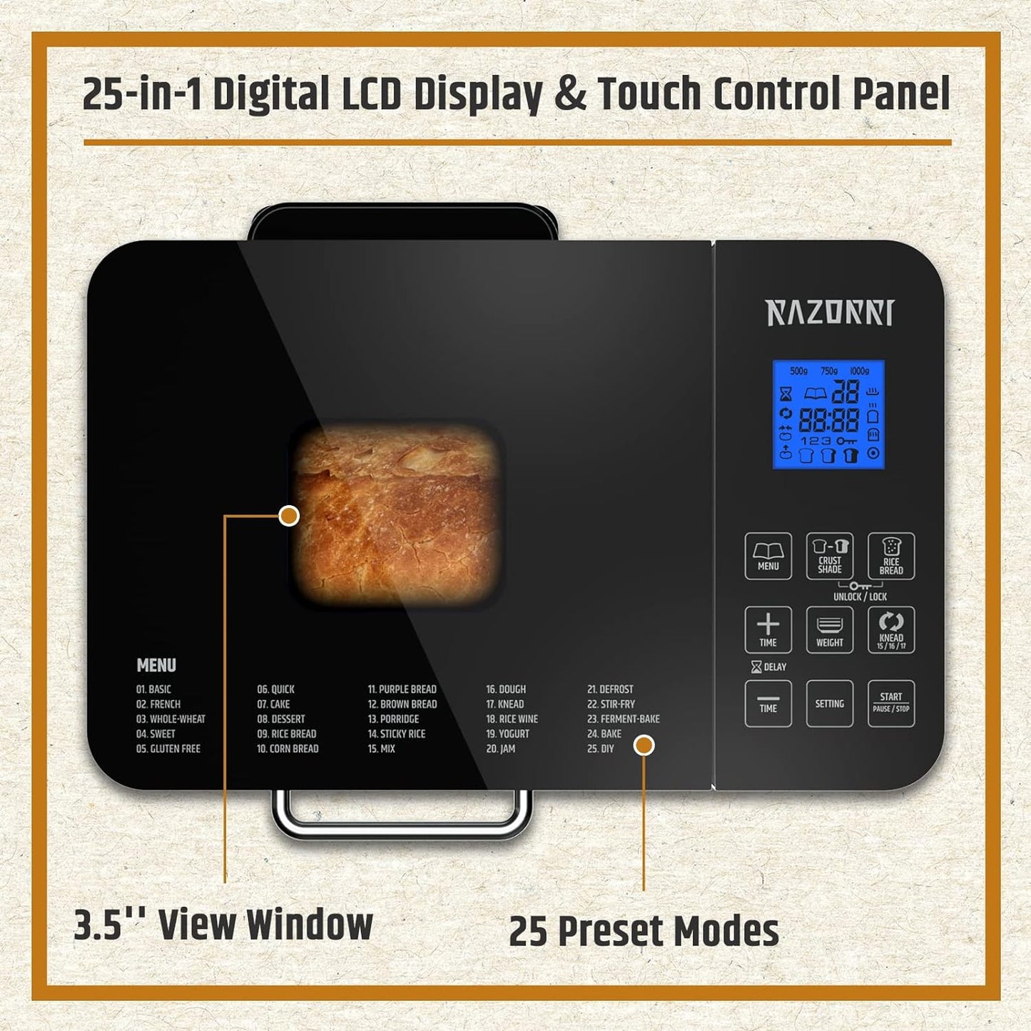 Razorri Bread Maker Machine Stainless Steel UL Certified, Nonstick Bread Pan, Homemade 2Lbs Breadmaker, Gluten-Free Setting, 15H Delayed-start, 1H Keep Warm, 3 Crust Colors and 3 Loaf Sizes