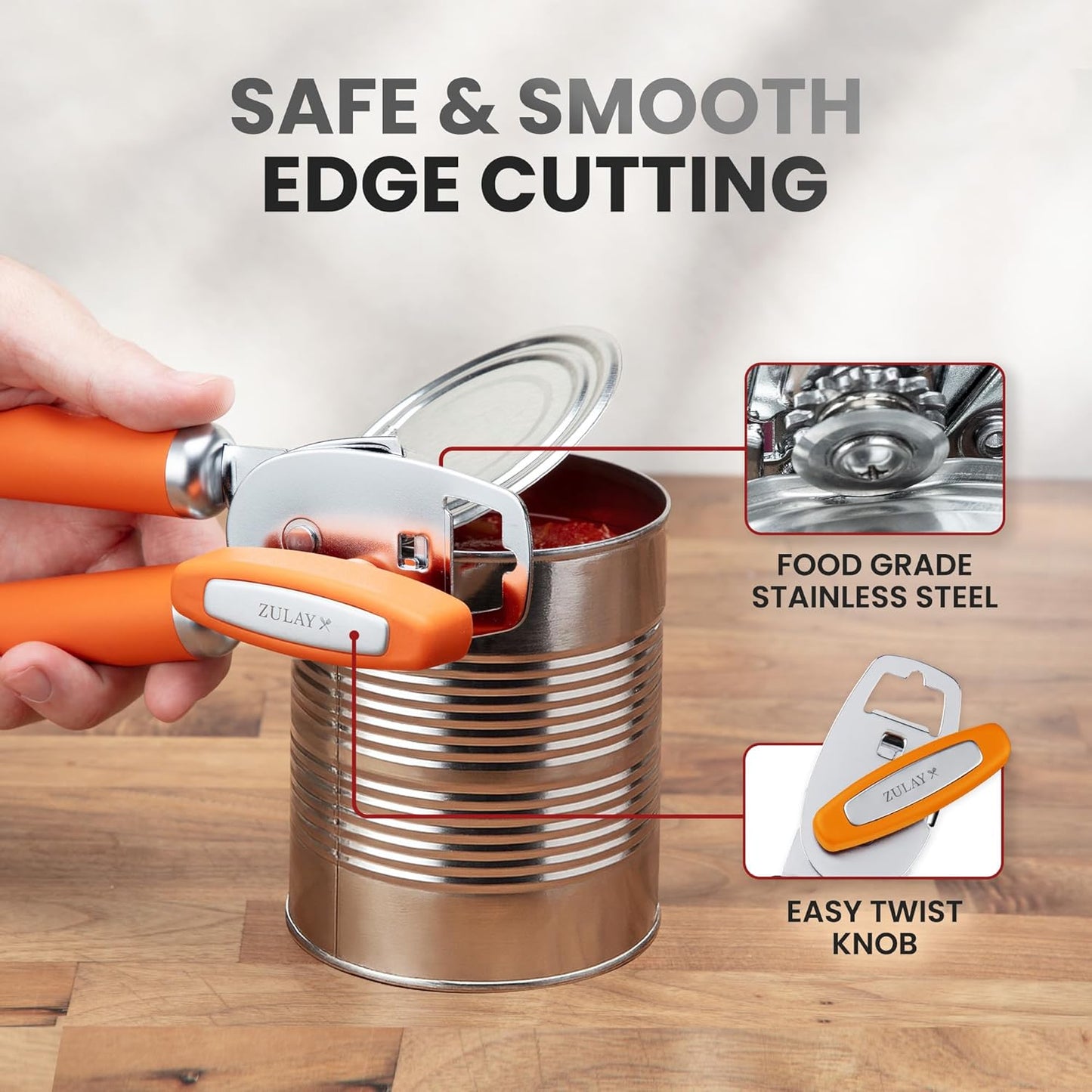 Zulay Kitchen Heavy Duty Stainless Steel Can Opener Manual with Bottle Opener - Rust Proof Manual Can Opener With Turn Knob & Comfy Soft Grip Handles - Orange