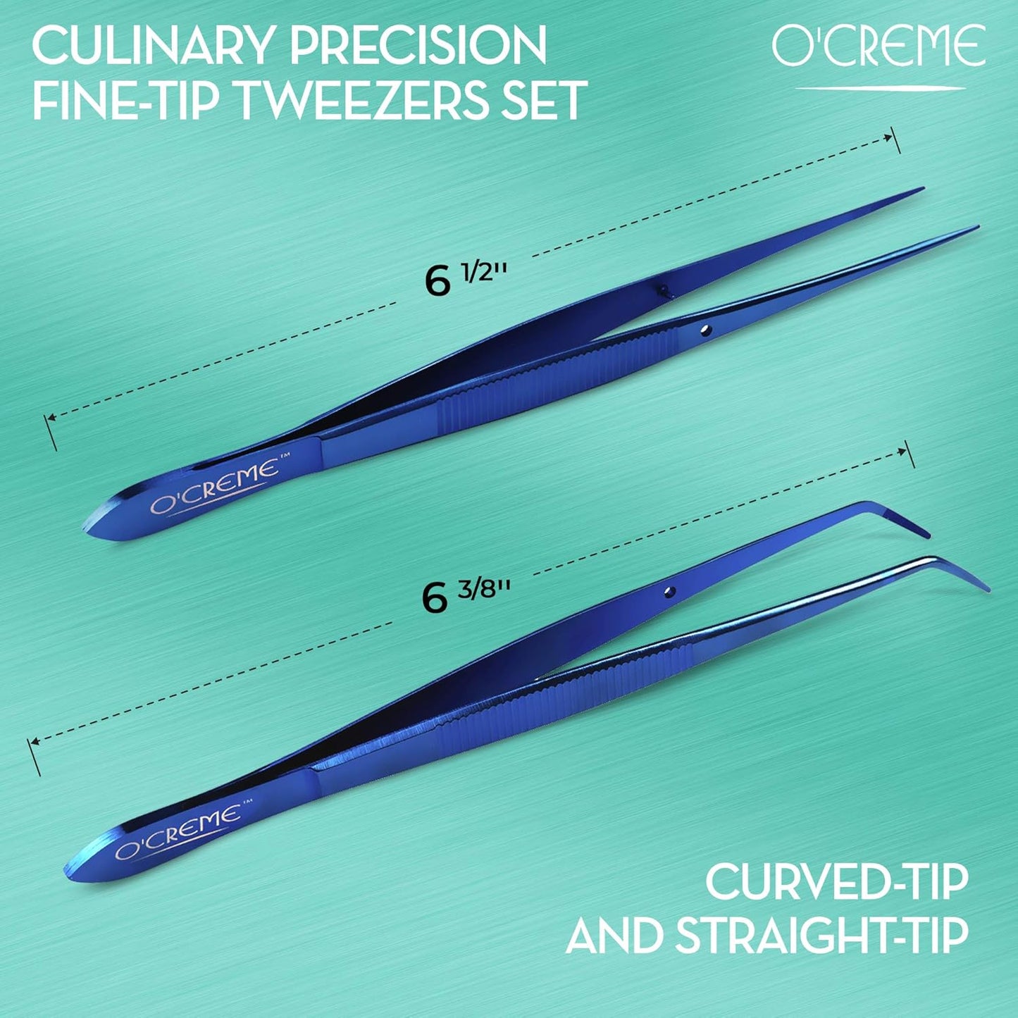 O'Creme Blue Stainless Steel Precision Kitchen Culinary Fine-Tip Tweezer Tongs, 1 Curved and 1 Straight