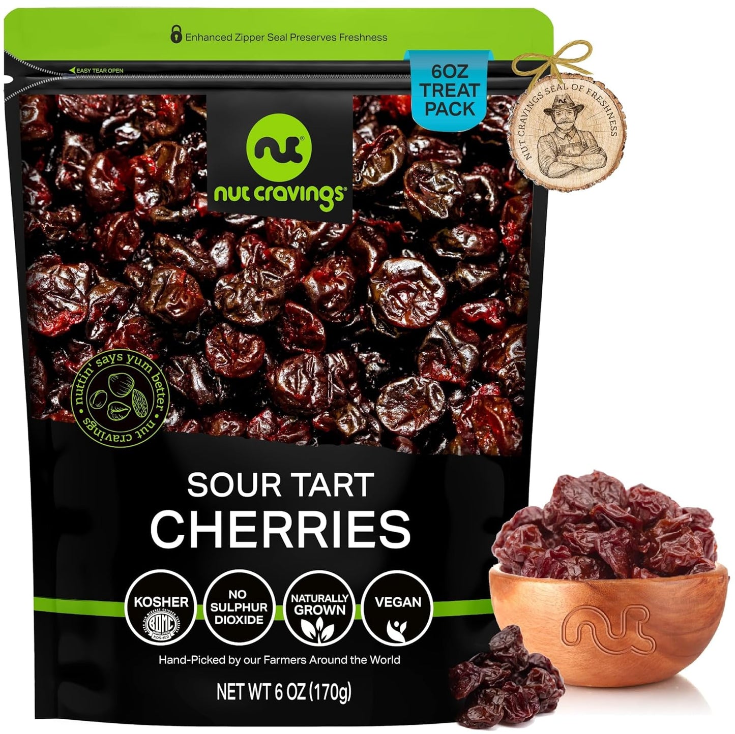 NUT CRAVINGS - Sun Dried Sour Tart Cherries, Lightly Sweetened (6oz, 1 Pack) Bulk Dry Fruits Packed Fresh in Resealable Bag - Sweet Healthy Snack, Naturally Grown, Vegan, Kosher
