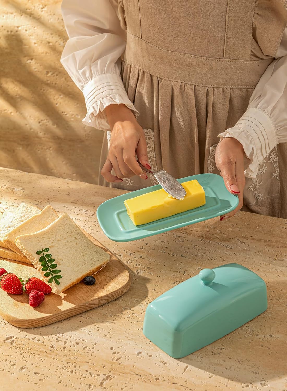 Sweese Butter Dish with Lid, Porcelain Butter Keeper, 7.8 Inch Butter Holder with Handle Cover, Butter Container Perfect for East West Coast Butter, Turquoise
