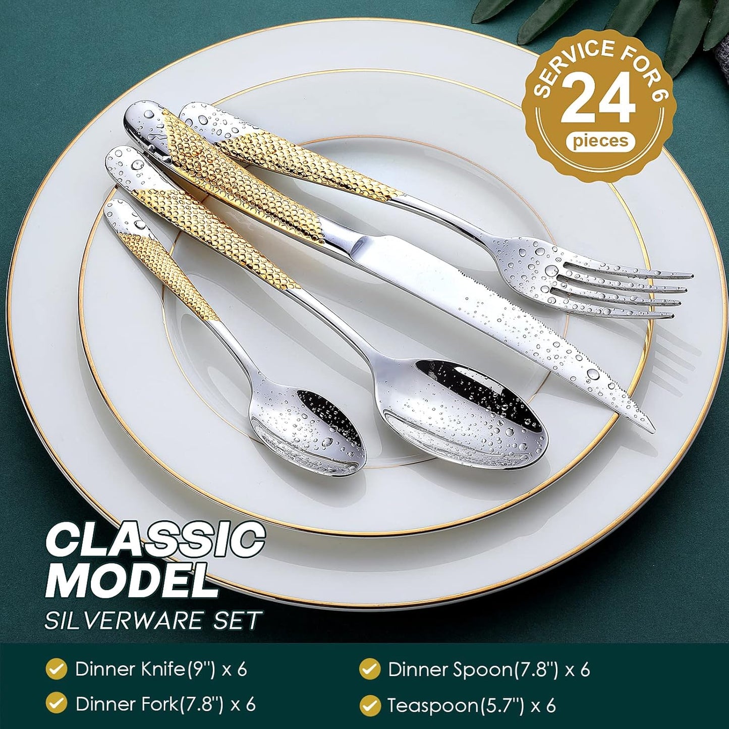Hammered Silver Gold Silverware Set, OGORI 24-Piece 18/10 Stainless Steel Flatware Set, Service of 6