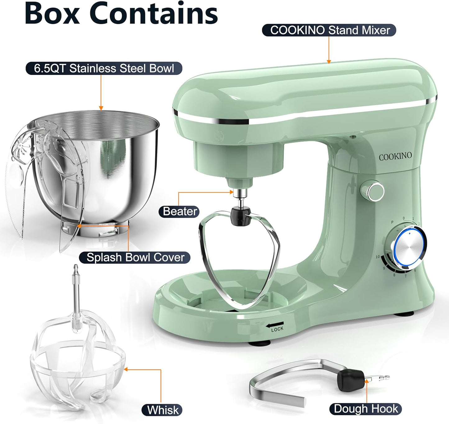 Electric Stand Mixer,10 Speeds 660W Tilt-Head Food Mixer, 3-IN-1 Kitchen Mixer for Daily Cooks with 6.5 QT Bowl,Dough Hook, Beater, Whisk (Agave Green)