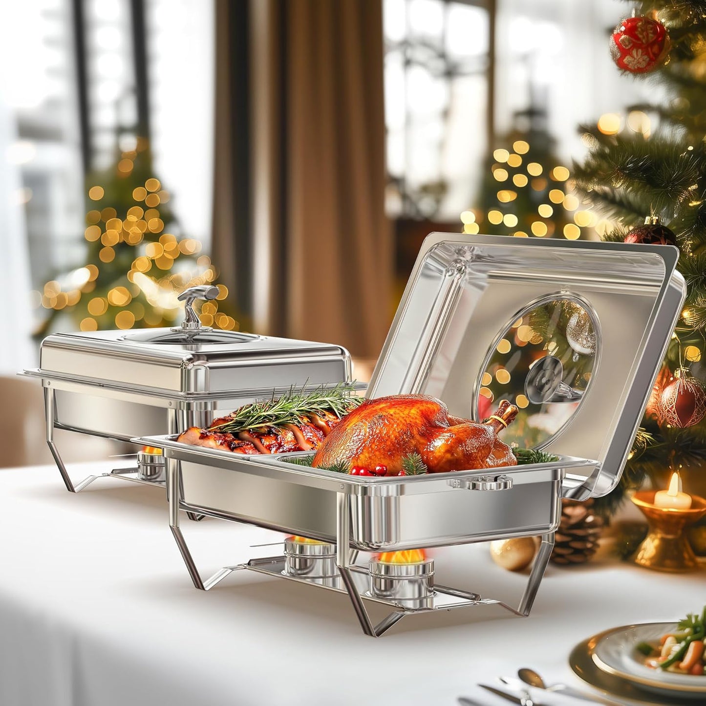 Chafing Dishes for Buffet with Glass Lid (9QT, 2Pack) - Food-Grade Stainless Steel, Rolled Edge Design, Foldable Frame, Lid Holder, Buffet Servers and Warmers Parties, Catering, Weddings