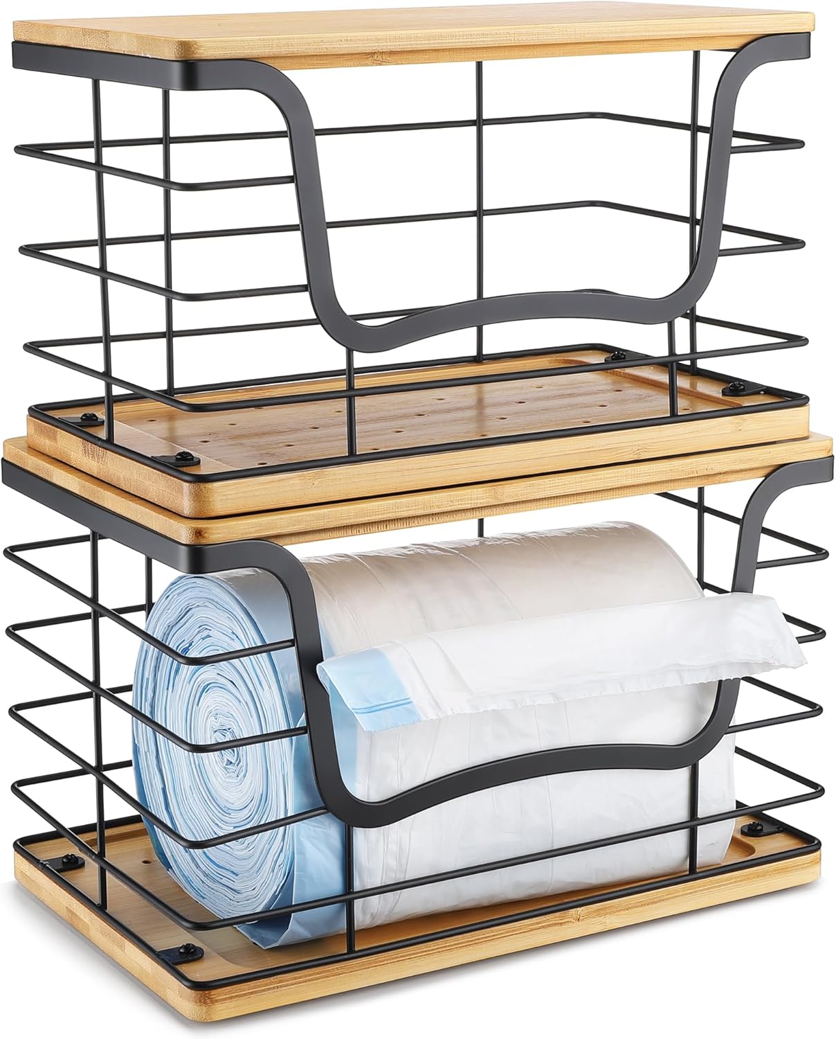 Trash Bag Dispenser Holder for Kitchen 2 Pack Laundry Room Trash Bag Holder Wall Mount Garbage Bag Dispenser Stainless Steel Roll Holder with Bamboo Top for Countertop, Under Sink