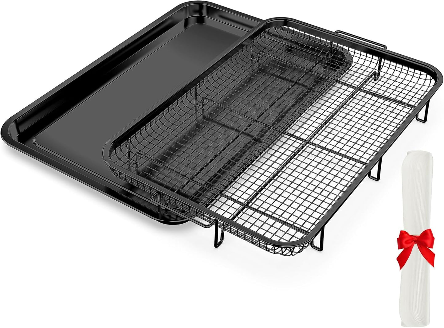 Air Fryer Basket for Oven, OPENICE 18.6" x 12.8" Air Fryer Basket and Tray Set, Extra Large Stainless Steel Air Fryer Pan Crisper Tray for Crisping Fried, Chicken, Bacon - Black