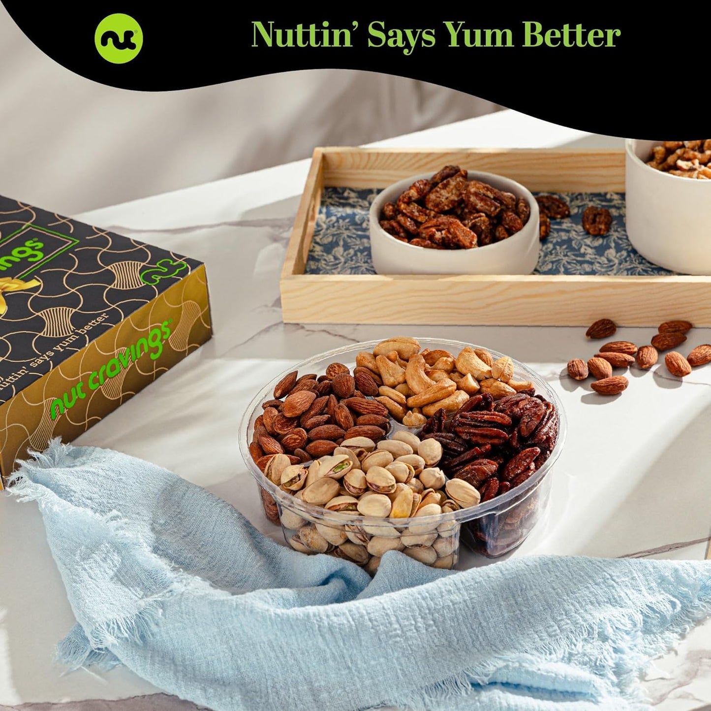 NUT CRAVINGS - Mixed Nuts Gift Basket in Black Gold Box (4 Assortments) Food Arrangement, Healthy Snack Care Package, Food Assortments