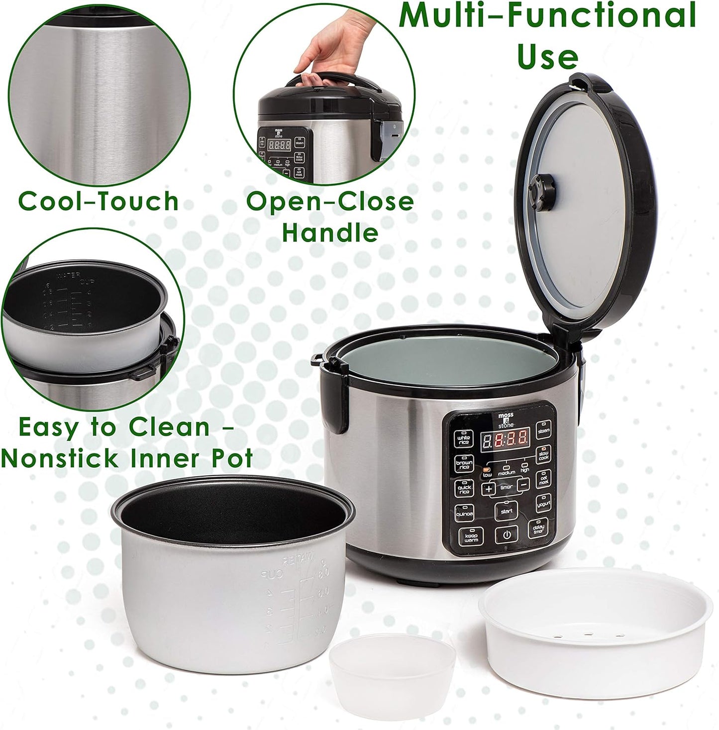 Moss & Stone - Small Digital Electric Rice Cooker, 4-8 Cups, 10 Preset Settings, Brown and White Rice Steamer, Slow Cooker with Steamer for Vegetables, Pot