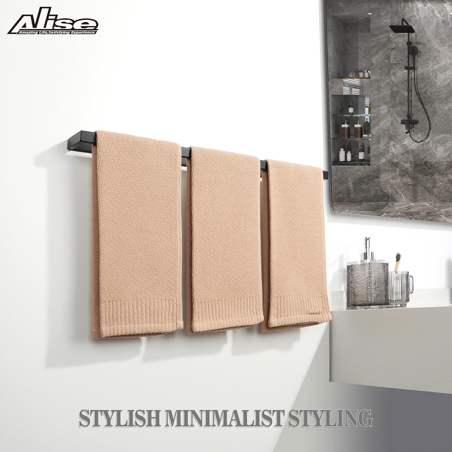 Alise Bath Towel Bars,24 Inch Towel Holder Towel Racks for Bathroom and Lavatory,SUS304 Stainless Steel Hand Towel Hanger Rail Wall Mount,Matte Black GJF060-B