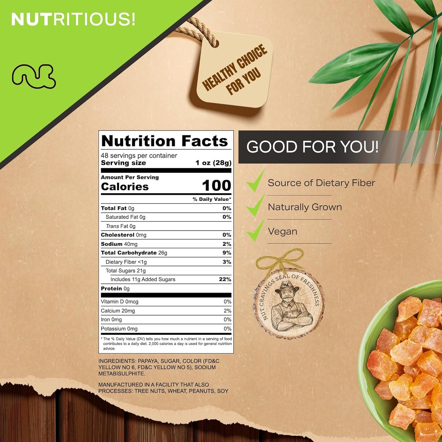 NUT CRAVINGS - Sun Dried Papaya Chunks, Lightly Sweetened (48oz, 3 LB) Bulk Dry Fruits Packed Fresh in Resealable Bag - Sweet Healthy Snack, Naturally Grown, Vegan, Kosher