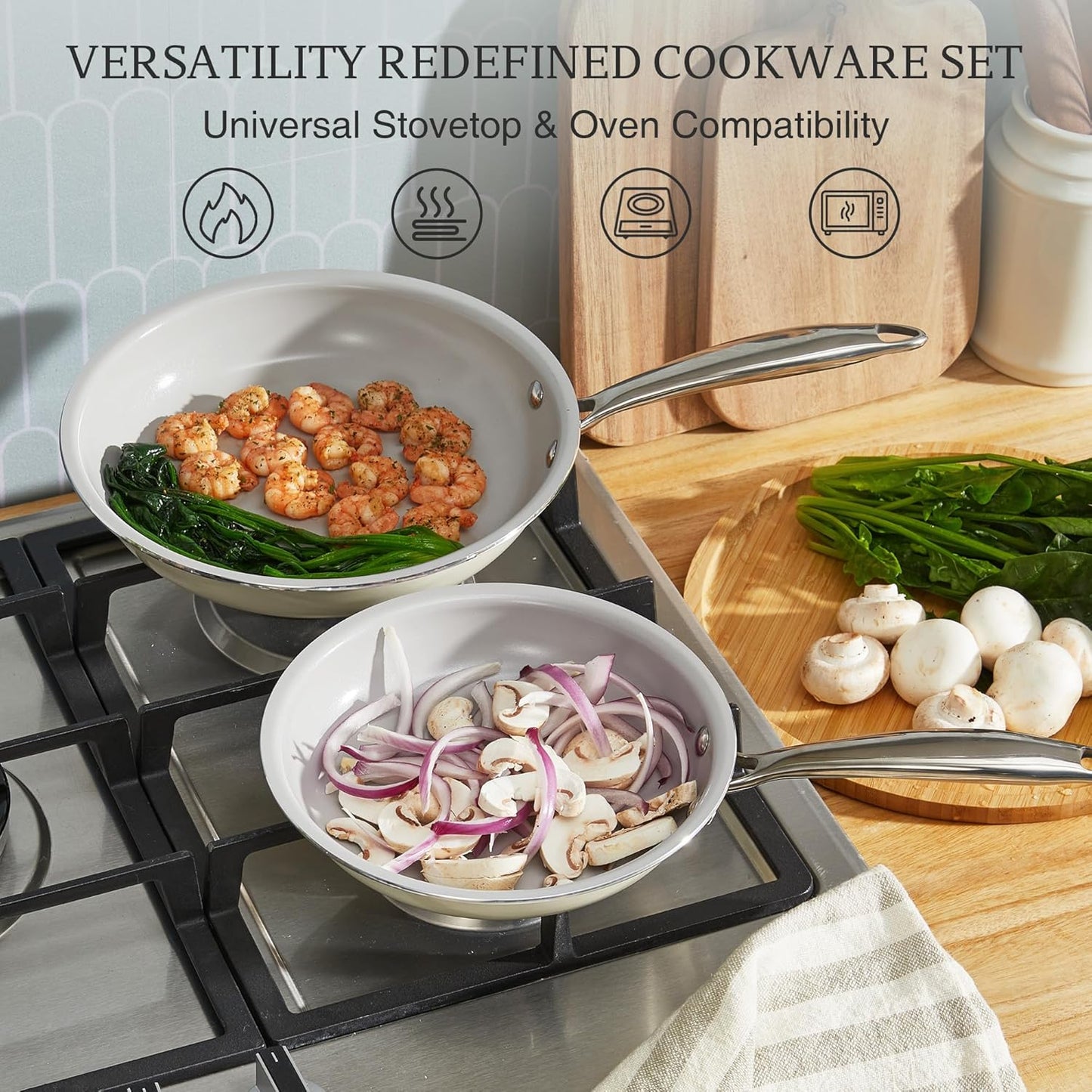 KITEXPERT Non Stick Frying Pans Set, Titanium Ceramic Pan Skillet Set Non Toxic, 8" 9.5" 11" Nonstick Frying Pan, Stainless Steel Handle, Dishwasher & Oven Safe, PFAS & PTFE & PFOA Free, Cream