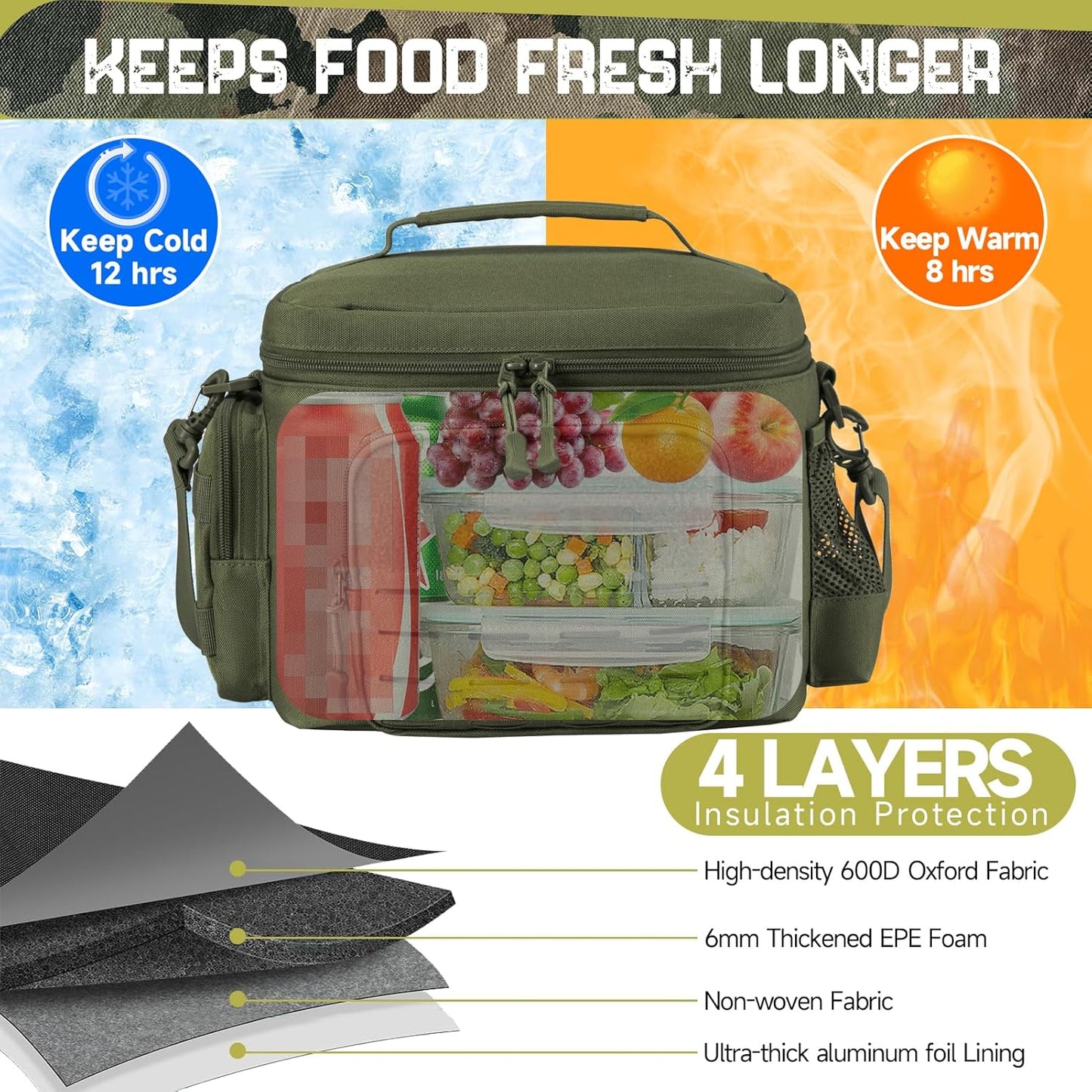 QT&QY Tactical Lunch Bag for Mens Military Heavy Duty Lunch Box Work Leakproof Insulated Durable Thermal Cooler Bag for Adult Meal for Office Camping Picnic Pail MOLLE Webbing Army Green