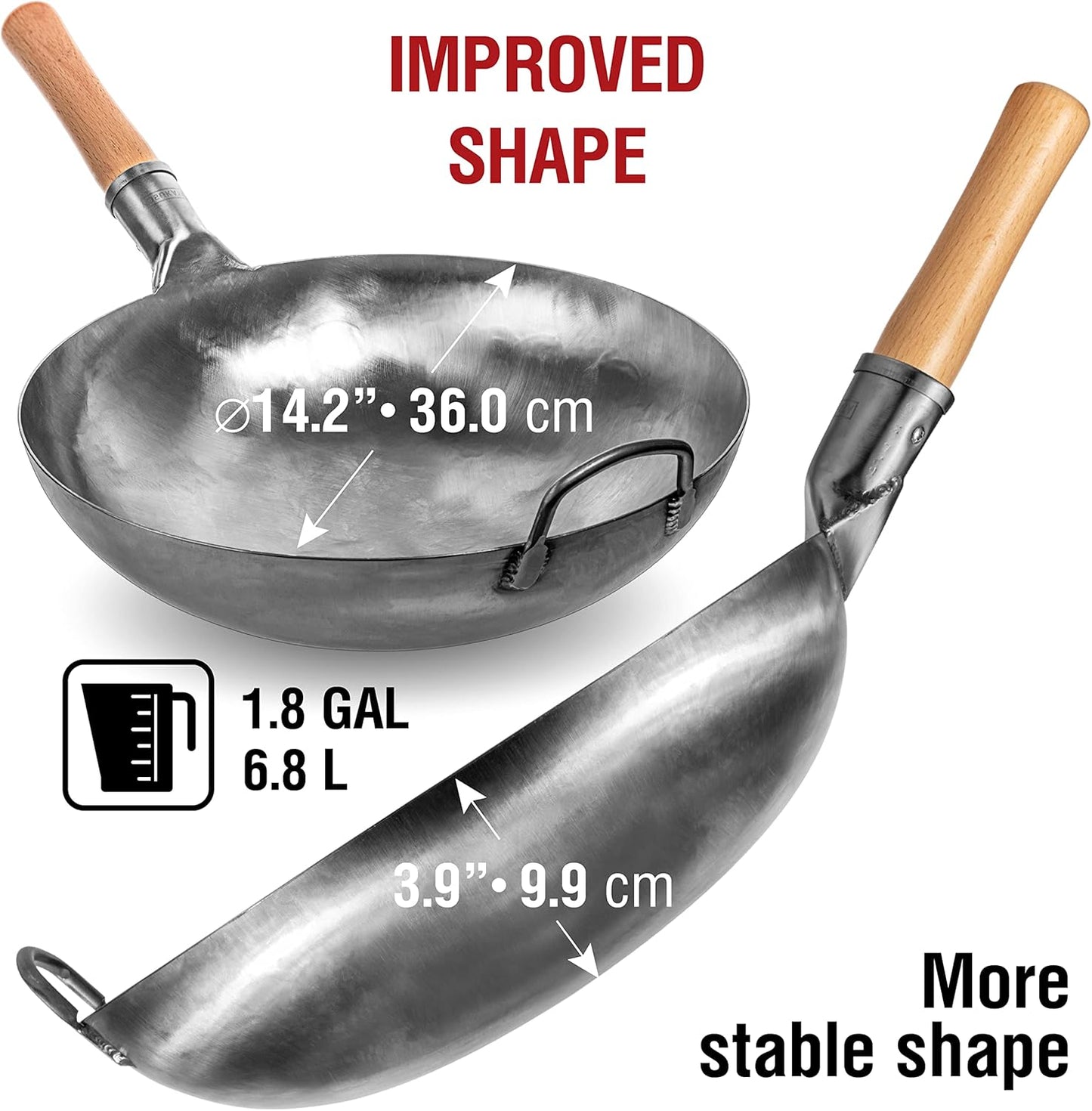 YOSUKATA 14” Round Bottom Carbon Steel Woks and Stir Fry Pans – Unseasoned Pow Wok for Stir Fry, BBQ, Grill & Camping – Hand-Hammered Traditional Japanese and Chinese Pan – Gas Stove, Open Fire Only