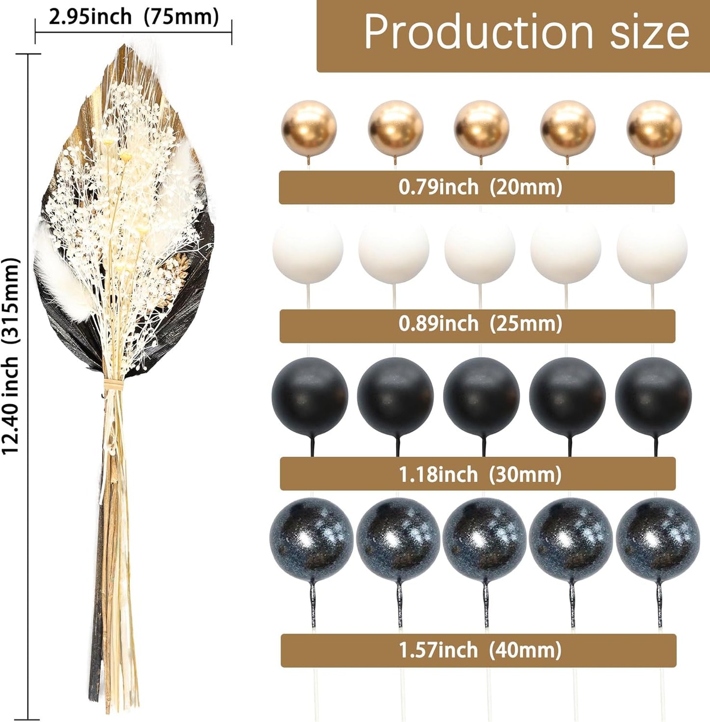 Gyufise 21 Pack Flower Boho Cake Topper Ball Cake Decorations Palm Leaves Plants Cake Decor for Girl Bohemian Princess Theme Wedding Baby Shower Birthday Party Supplies Black Gold