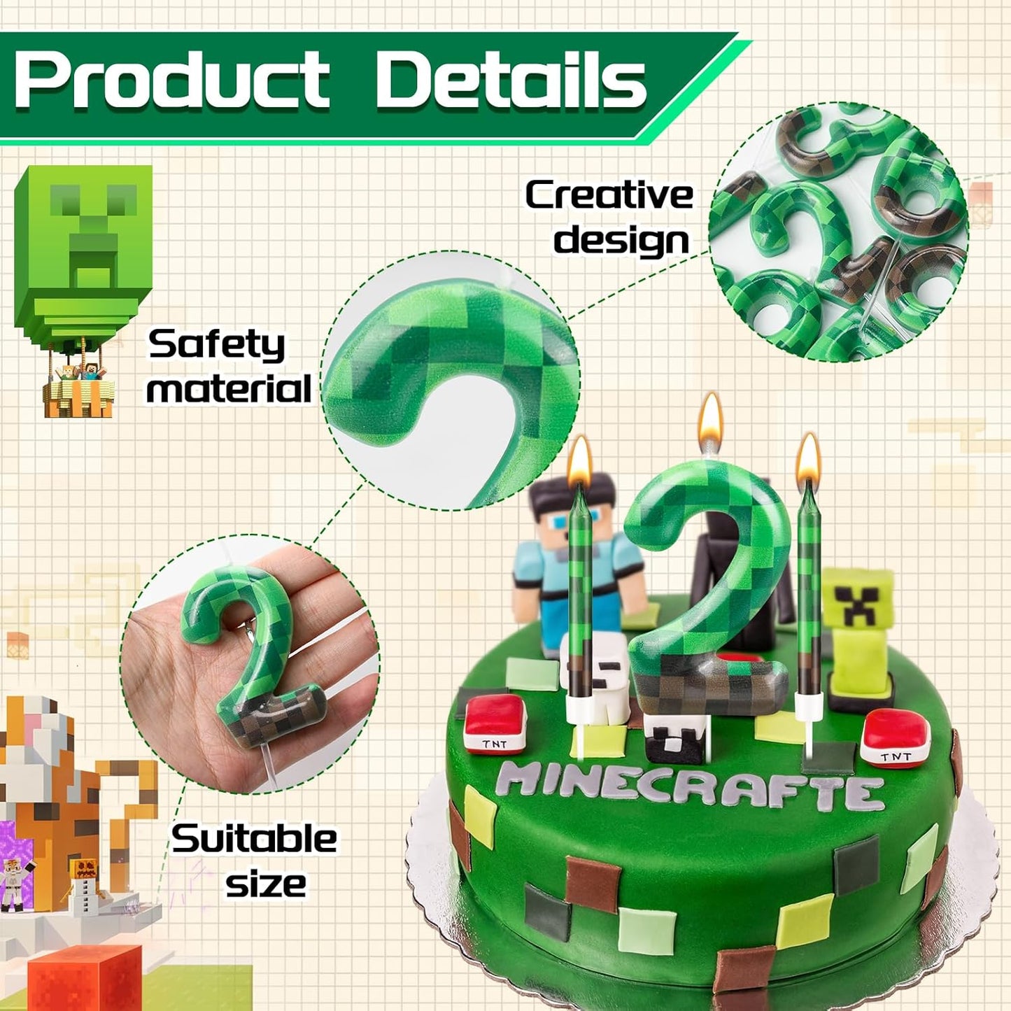 13 Pcs Dynamite Candles 12 TNT Themed Birthday Cake Candles and Number 2 Candle Cake Topper for Pixel Theme Birthday Party Anniversary Party Dynamite Theme Party Video Game Party Supplies (Number 2)