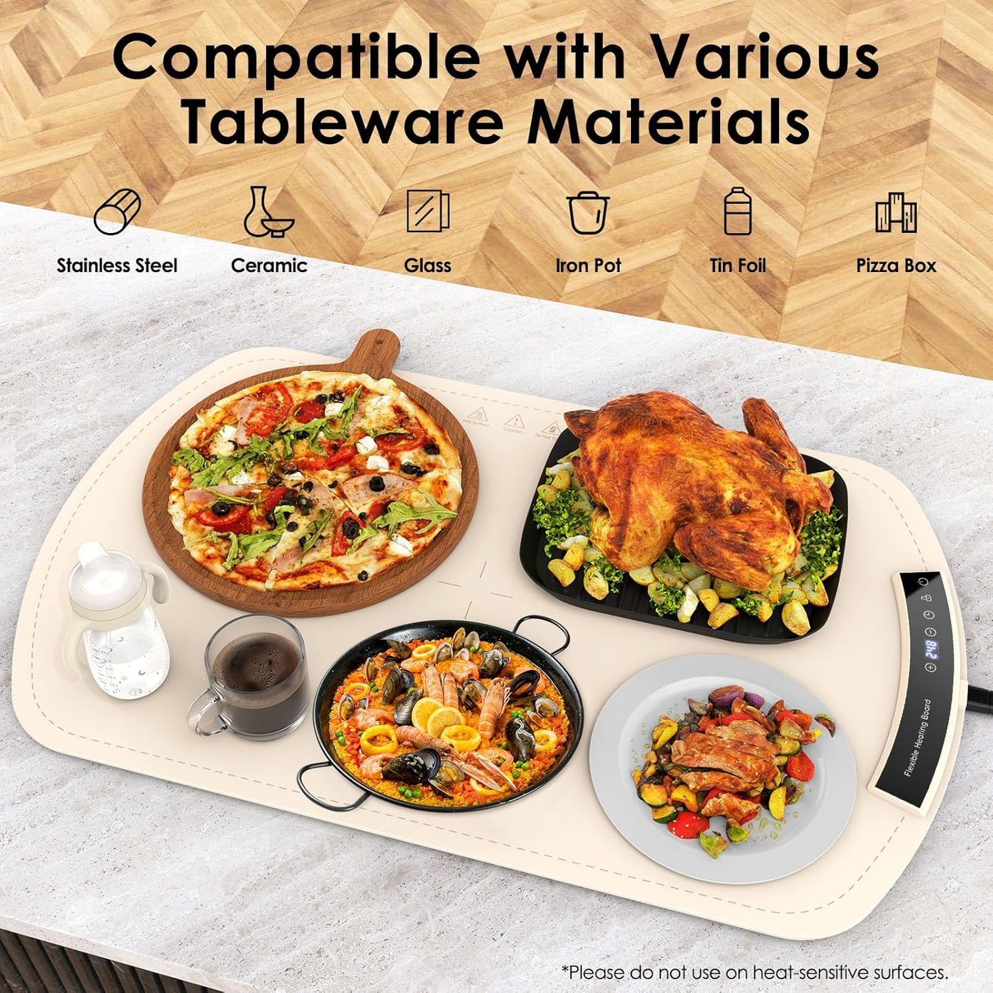 Food Warming Mat, Electric Warming Tray for Buffets & Parties, Silicone Heating Mat for Food with 9 Temperature Settings, Roll-Up Storage, 25.8"x15.6"