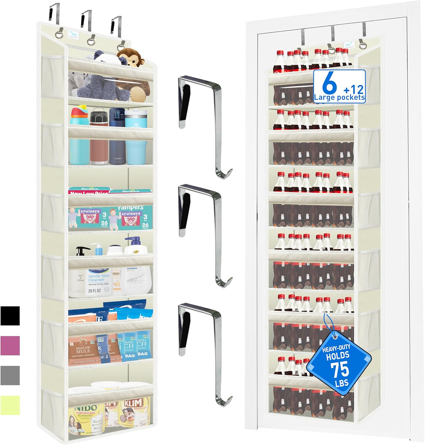 over the door organizer, Solid Bamboo Board (Not Plastic!) 6-Tier Heavy Duty 75LB, 12 Side Pockets, 3 Reinforced Hooks & Anti-Slip Pads, Waterproof & Washable, No Sagging, No Door Damage,Ivory