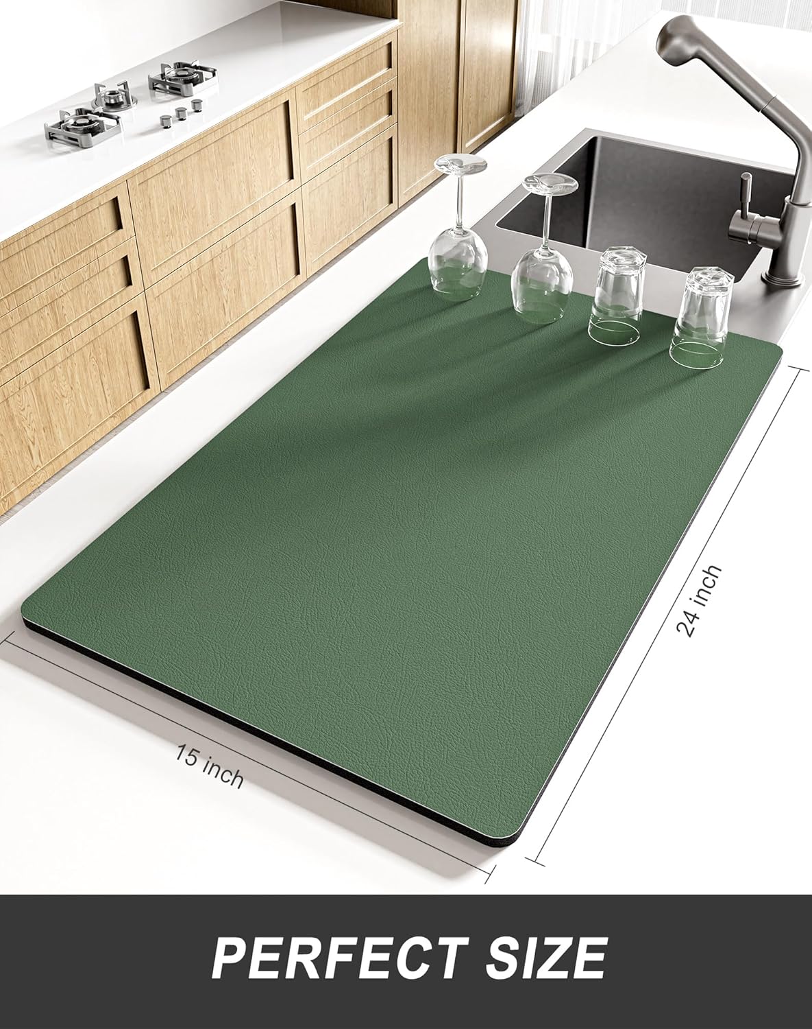 Rnivvi Dish Drying Mat for Kitchen Counter, XL 15 x 24" Super Absorbent Drainer Pad Easy Clean Dish Rack Pad, Non-Slip Heat Resistant Coffee Bar Mat for Coffee Machine Station Accessories,Forest Green