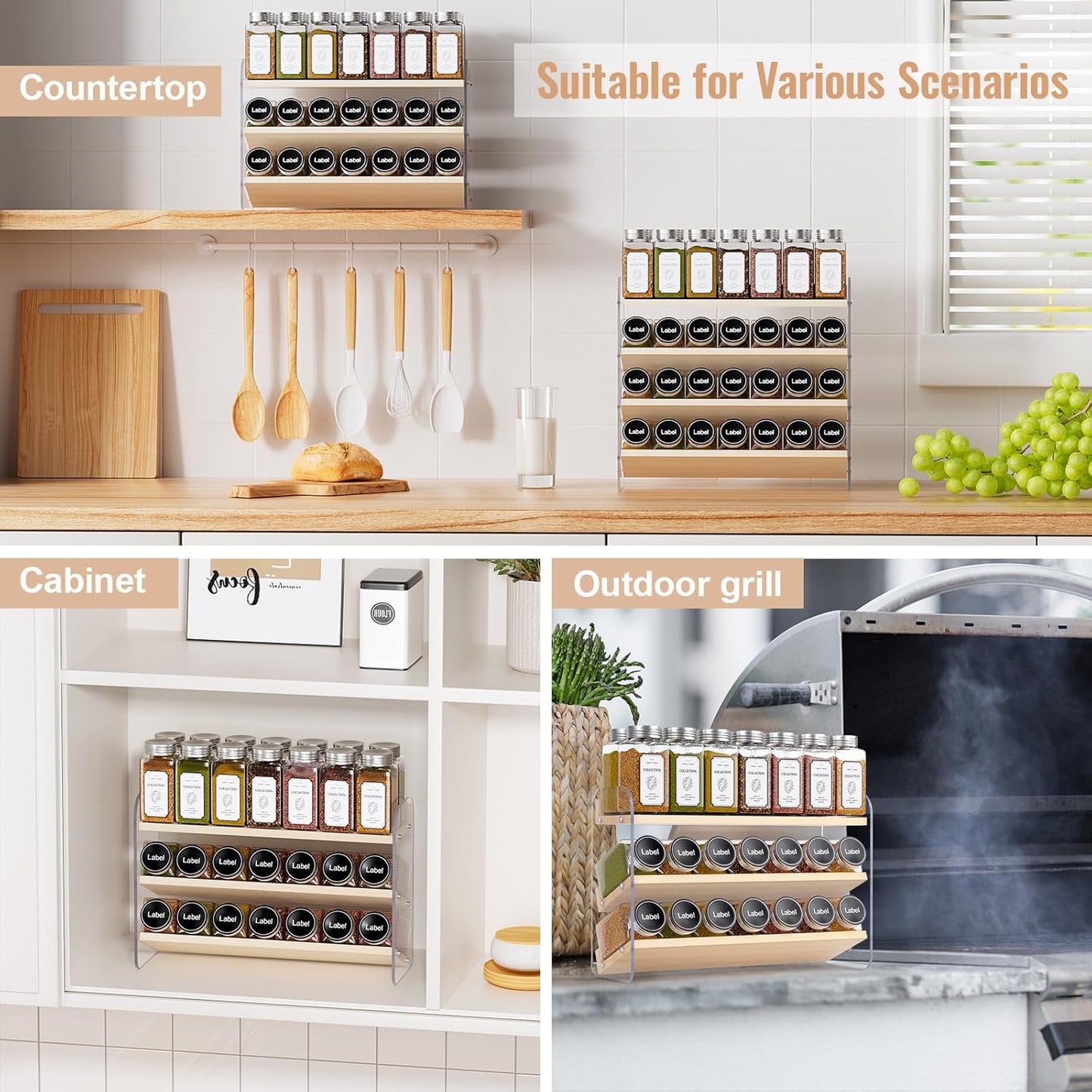 MUDEELA Clear Spice Rack Organizer for Cabinet, 4 Tiered Vertical Spice Shelf, Wooden Seasoning Organizer for Countertop, Kitchen, Pantry, Freestanding, 13.3" W × 11.2" H (No Jars Included)