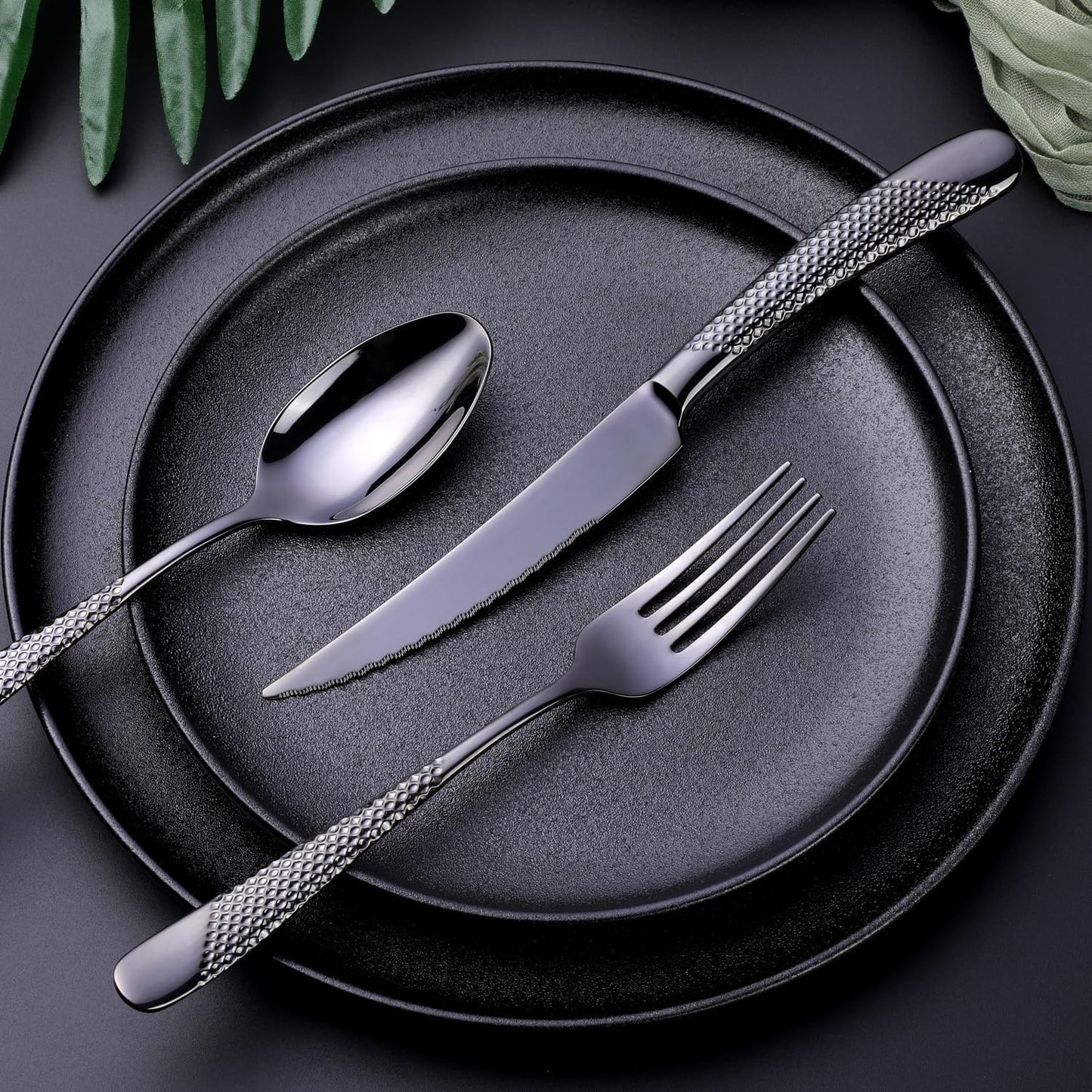 Hammered Black Silverware Set, OGORI 24-Piece 18/10 Stainless Steel Flatware Set, Service of 6