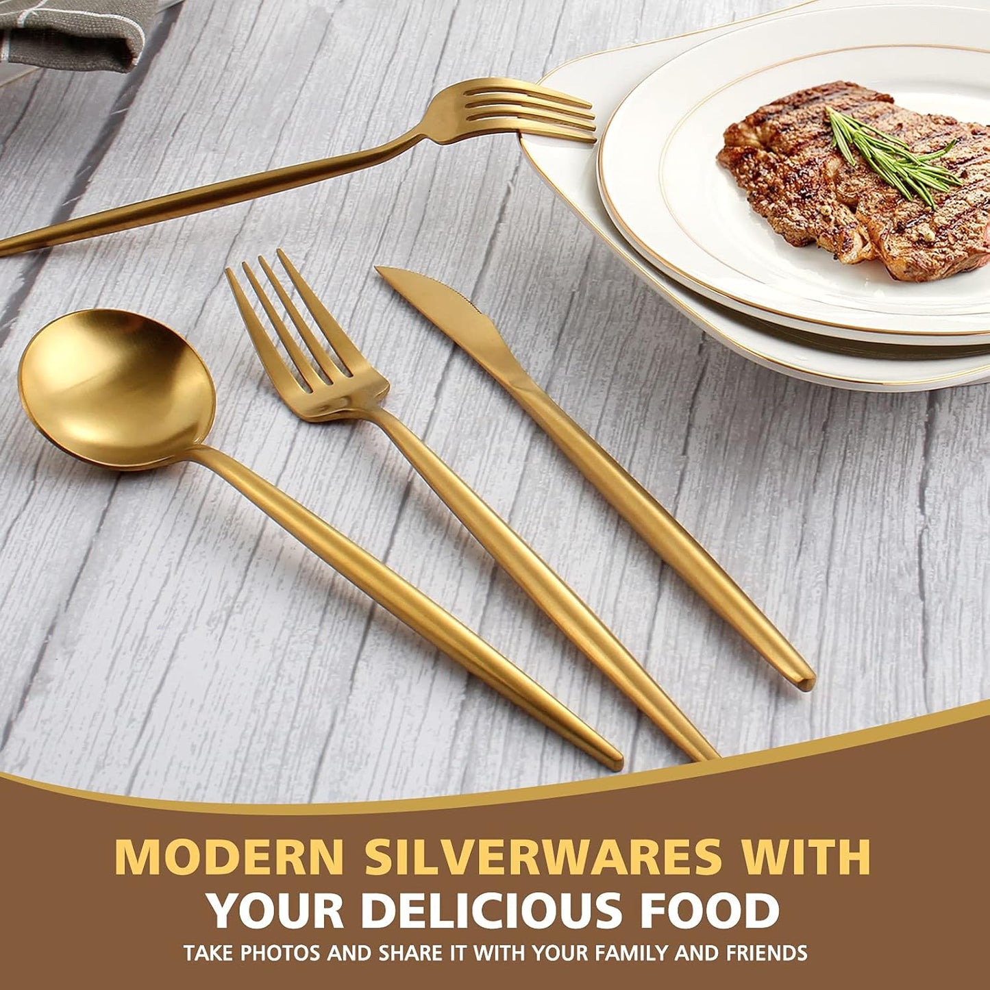 Matte Gold Silverware Set, Oliviola 40-Piece Stainless Steel Flatware Cutlery Set Service for 8, Satin Finish Kitchen Utensil Set, Dishwasher Safe…