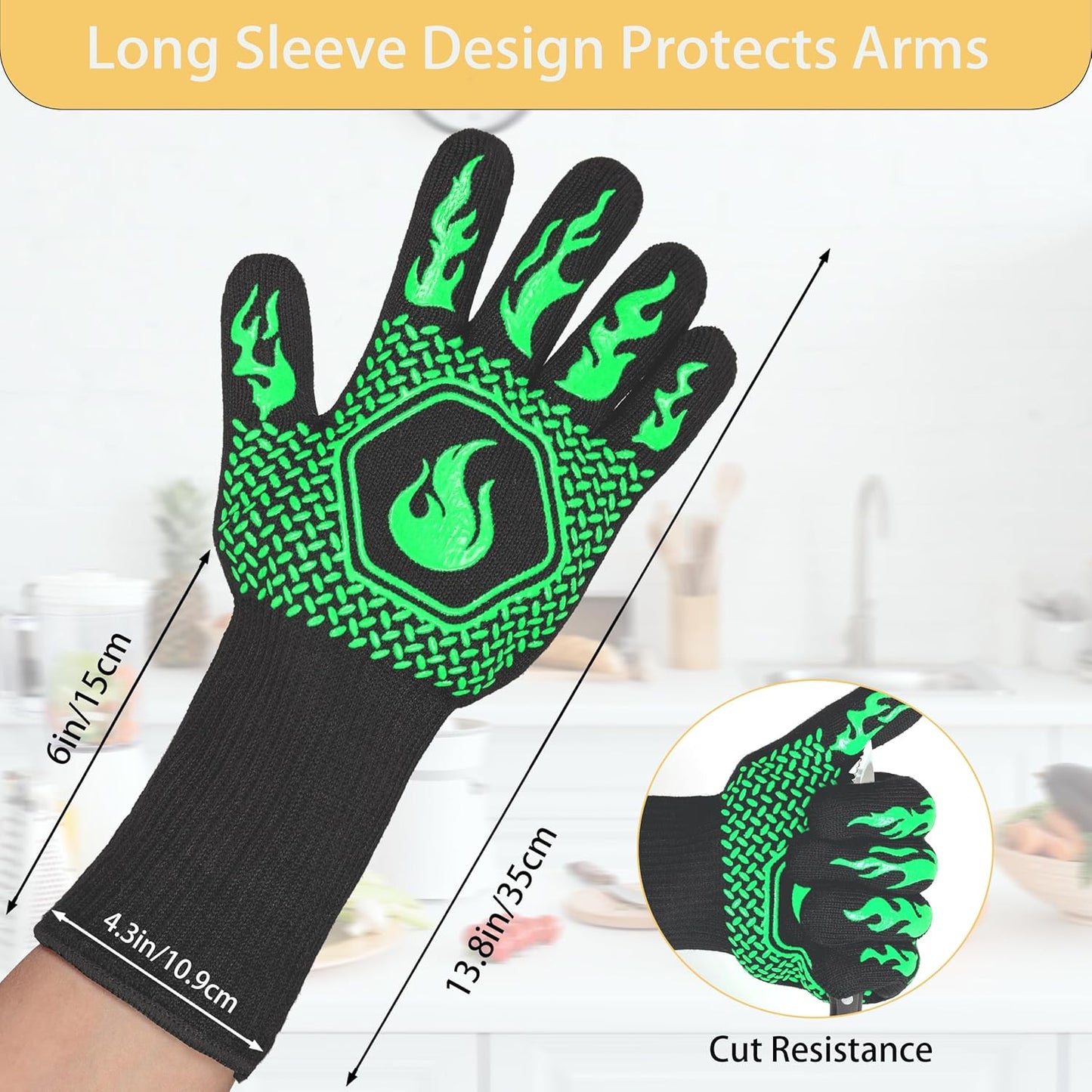 BBQ Fireproof Gloves, Grill Cut-Resistant Gloves 1472°F Heat Resistant Gloves, Non-Slip Silicone Oven Gloves, Kitchen Safe Cooking Gloves for Oven Mitts,Barbecue,Cooking, Frying,13.5 Inch-Green