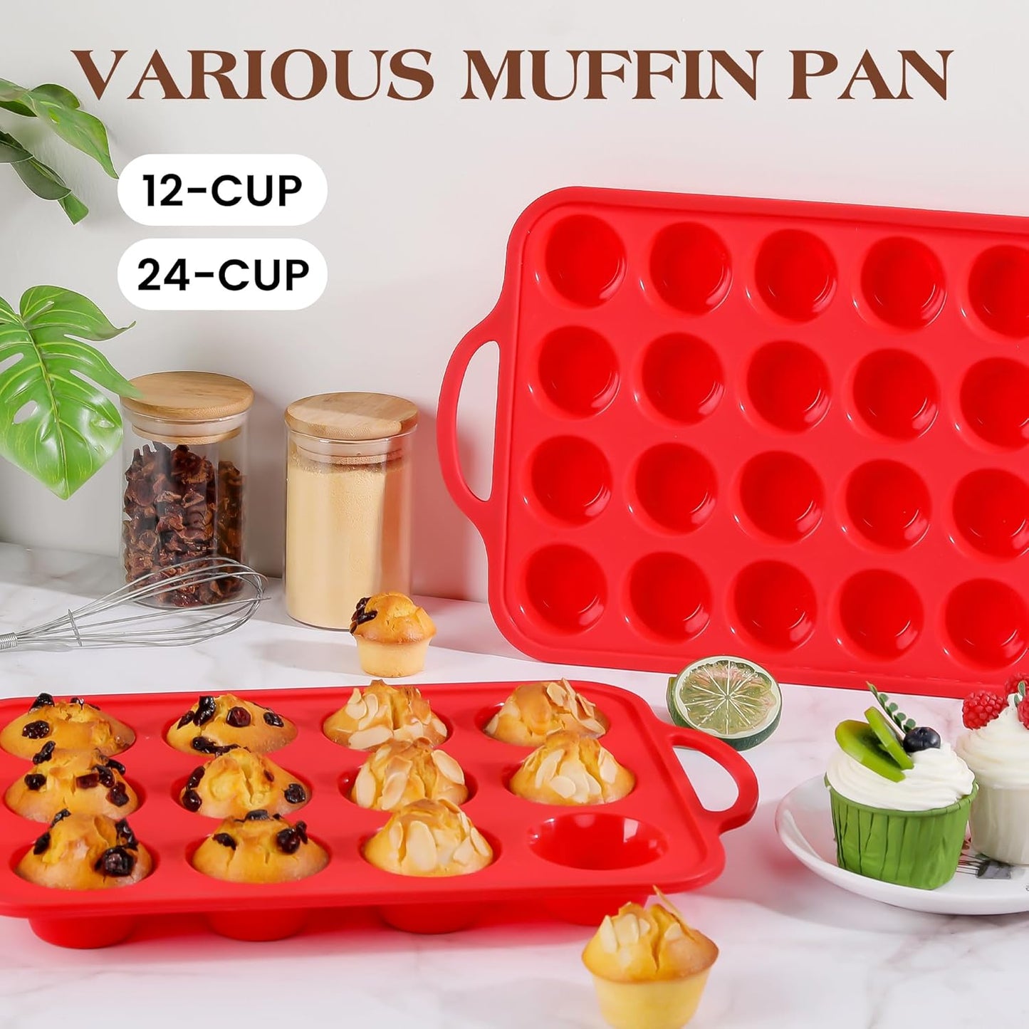 Silicone Muffin Pan for Baking 12 Cup Nonstick Cupcake Pan Small Silicone Cupcake Mold with Metal Reinforced Frame BPA Free (1 Pc, Red)