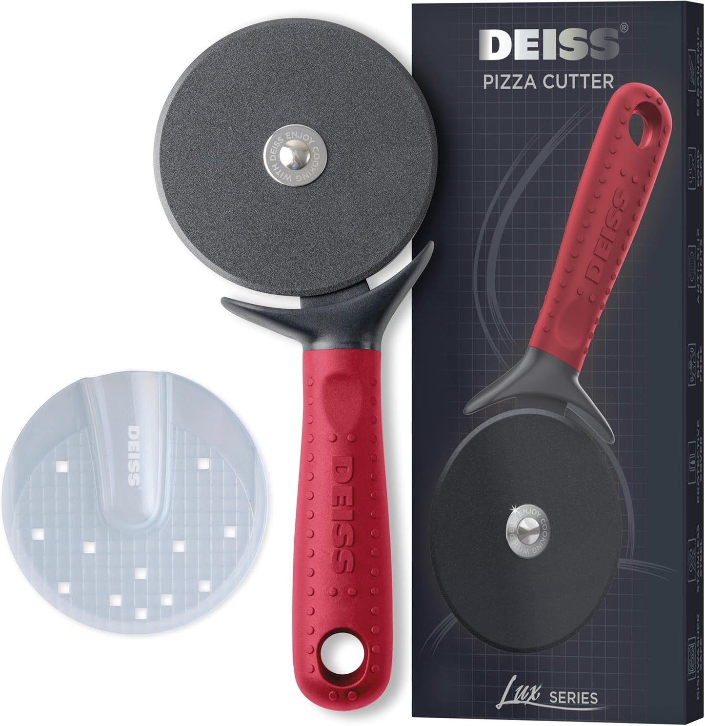 Deiss Lux Heavy Duty Pizza Cutter With Wheel Slicer- Stainless Steel Sharp Smooth Pizza Cutter Wheel With Easy Grip Non-Slip Handle, Dishwasher Safe (RED)