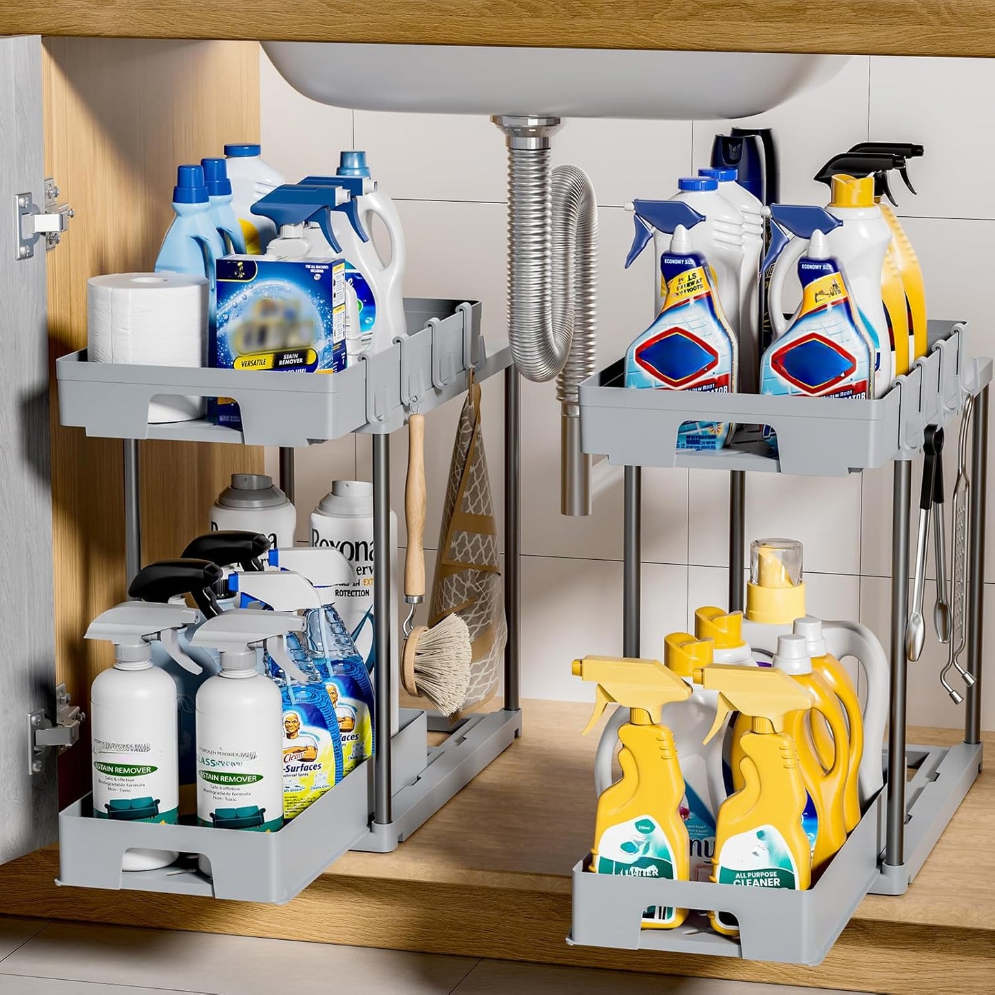 Delamu Under Sink Organizers and Storage, 2 Pack Pull Out Kitchen Bathroom Cabinet Organizer, 2 Tier Grey Under Sink Storage for Bathroom Kitchen