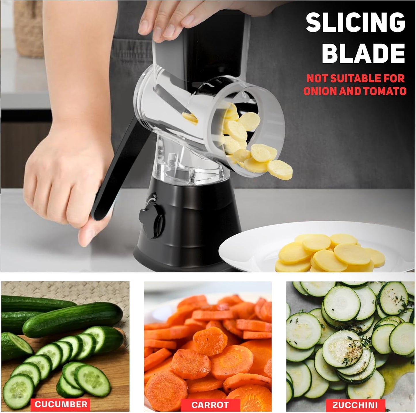 Rotary Cheese Grater Hand Crank - Counter Top 3 Blade Manual Cheese Shredder with Reinforced Suction, 3 Interchangeable Drums, Easy to Use Vegetable Chopper, Round Mandoline Slicer, Black