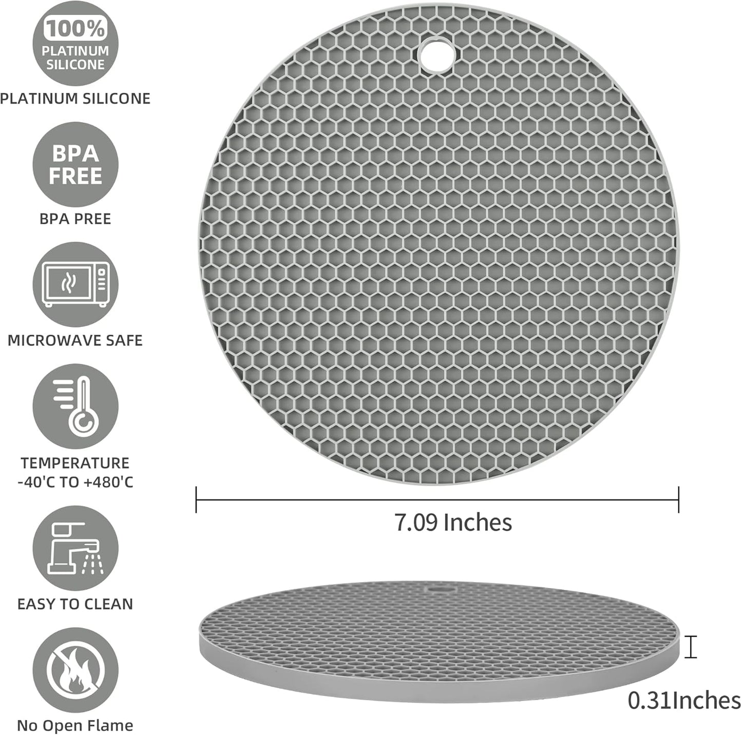 Trivets for Hot Dishes, Siicone Trivet Mat Hot Pads for Kitchen Tabletop, Round Silicone Pot Holders Mat, Trivets for Pots and Pans, Trivet for Quartz Countertops Mats Set 4 Light Gray