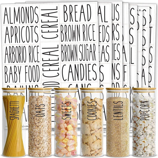 Talented Kitchen 136 Kitchen Sticker Labels for Food Containers - Varied Sizes, Black Text on Clear Background - Waterproof Labels for Jars & Storage